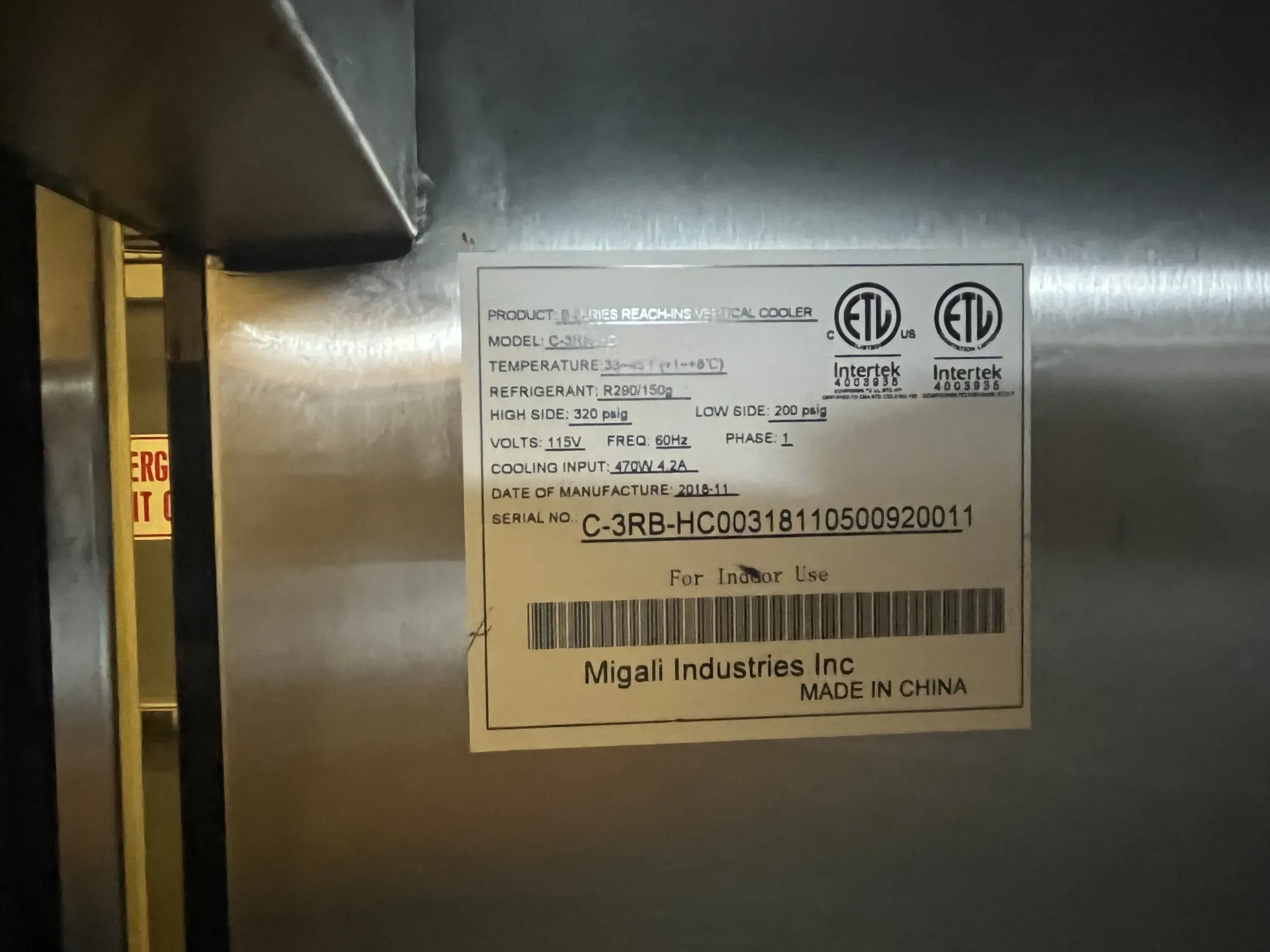 AEROFARMS LOT 15 - Migali C-3RB-HC Reach-In Refrigerator - Used, photo 2