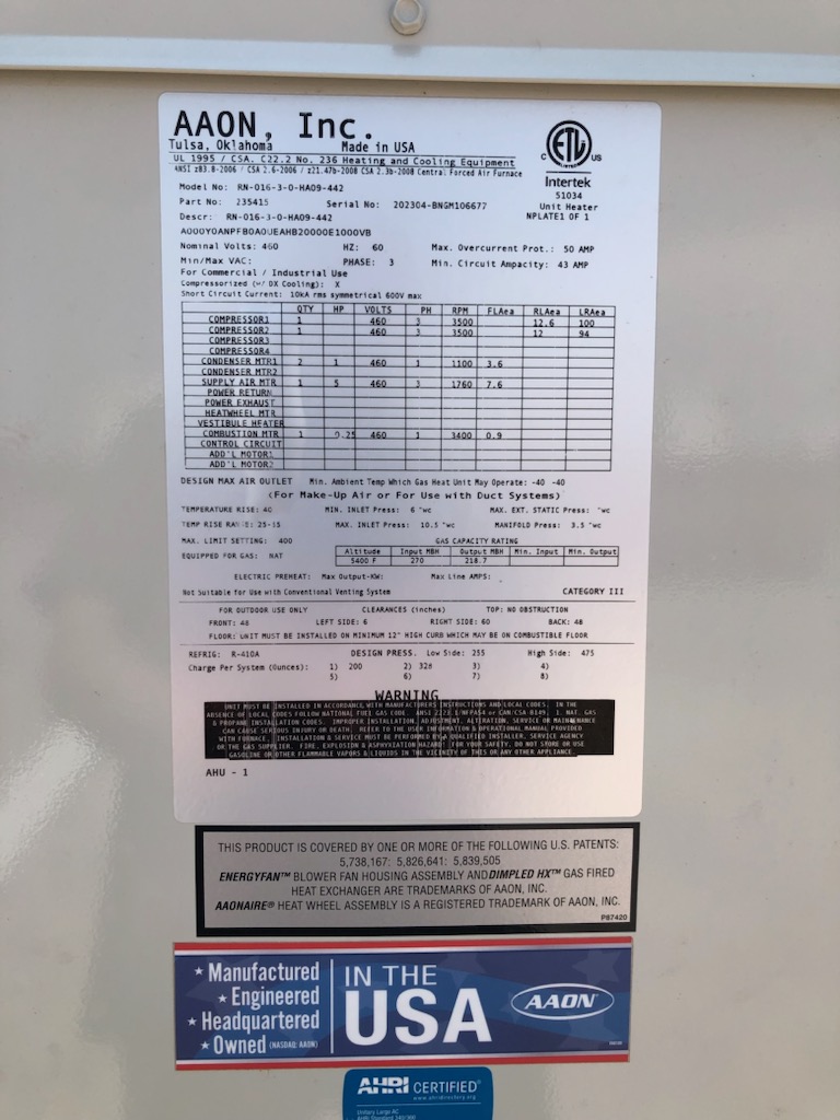 Auction Lot: QTY. 1 - AAON 16-Ton HVAC System - Perfect for Indoor Agriculture - Model RN-016-3-0-HA09-442 - Located in Albuquerque, NM, photo 4