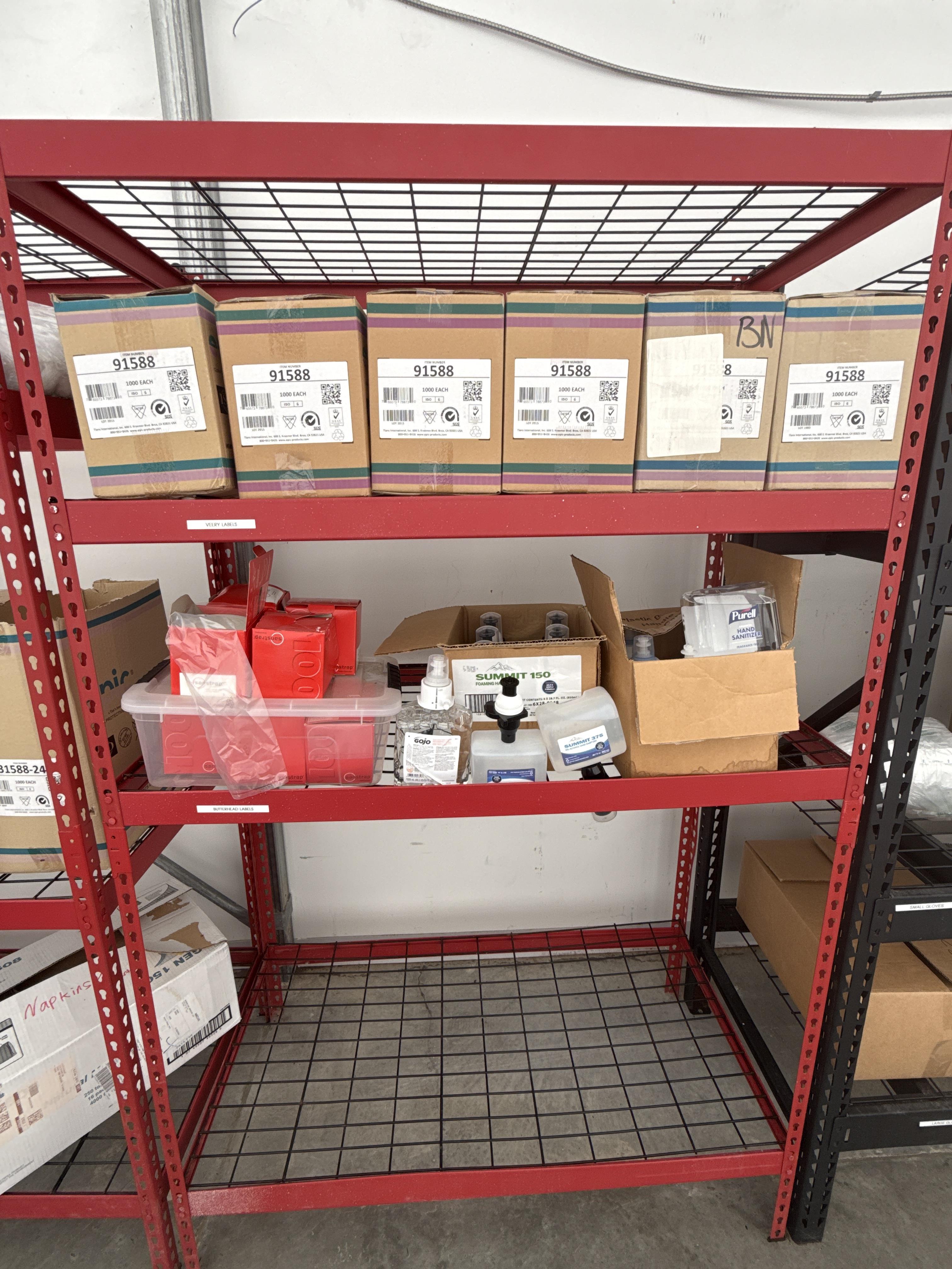 (3) Commercial Wire Storage Shelving Units with Hairnets, Beard Nets & PPE Supplies, photo 2