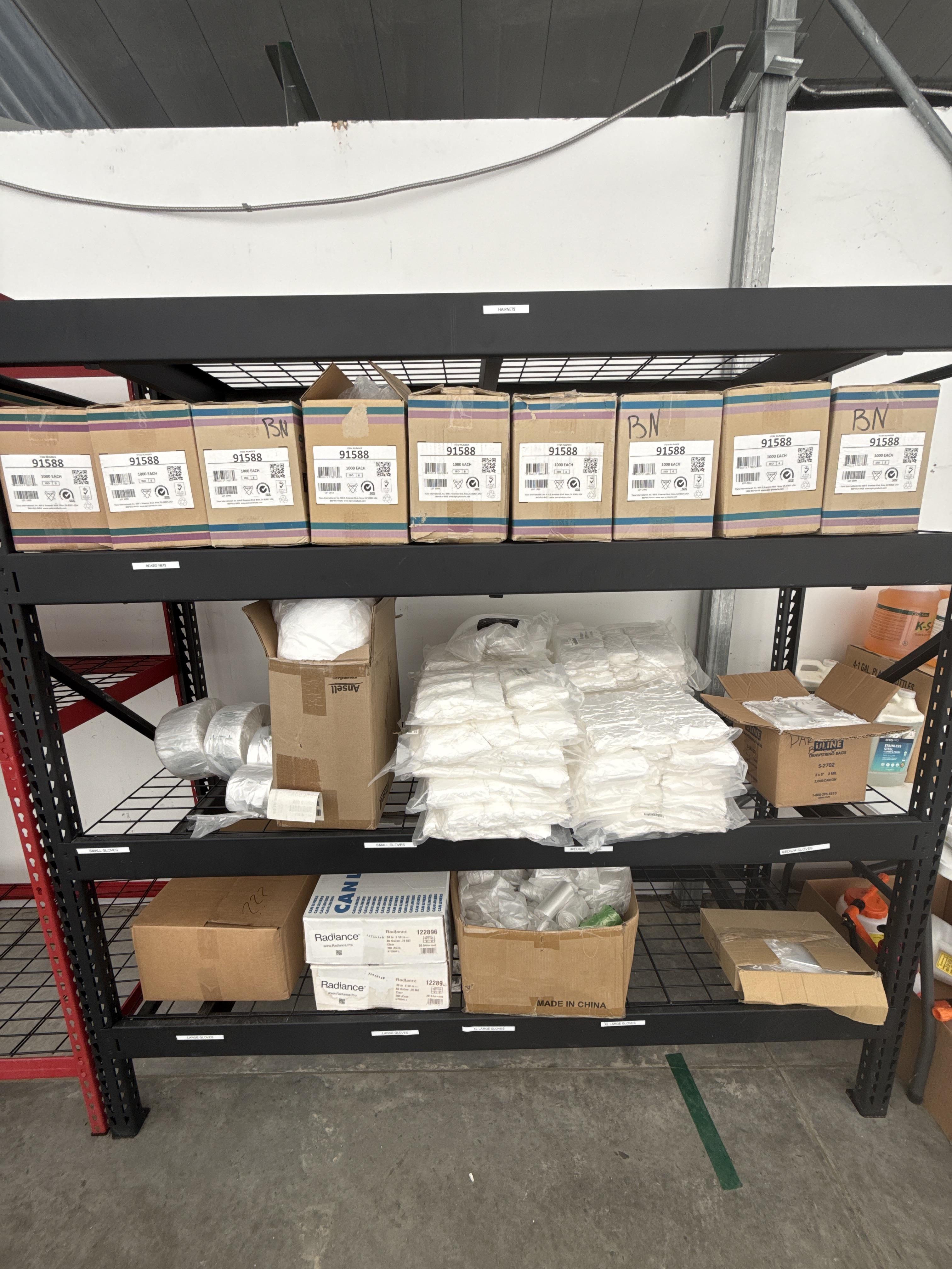 (3) Commercial Wire Storage Shelving Units with Hairnets, Beard Nets & PPE Supplies, photo 4