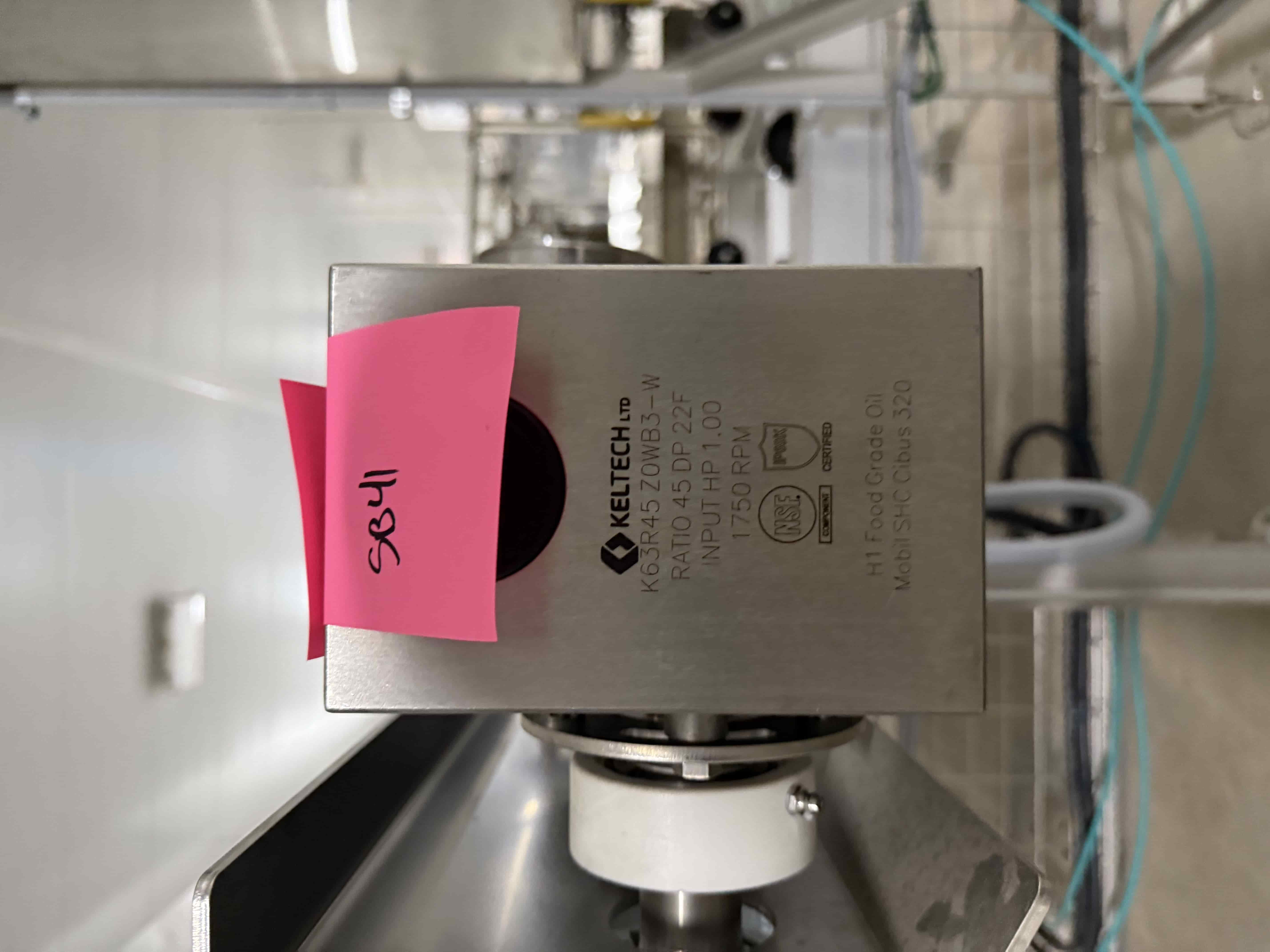 SB41 – Ever-Kleen / Tri-Mach Stainless Food-Grade Conveyor System with Keltech Drive (Model K63R45-ZOWB3-W), 1 HP 1750 RPM Motor, 45:1 Ratio Gearmotor, NSF H1 Mobil SHC Cibus 320 Oil, with Leviton PowerSwitch Disconnect (Label 0104) – Located in Tray Washing Room, photo 3