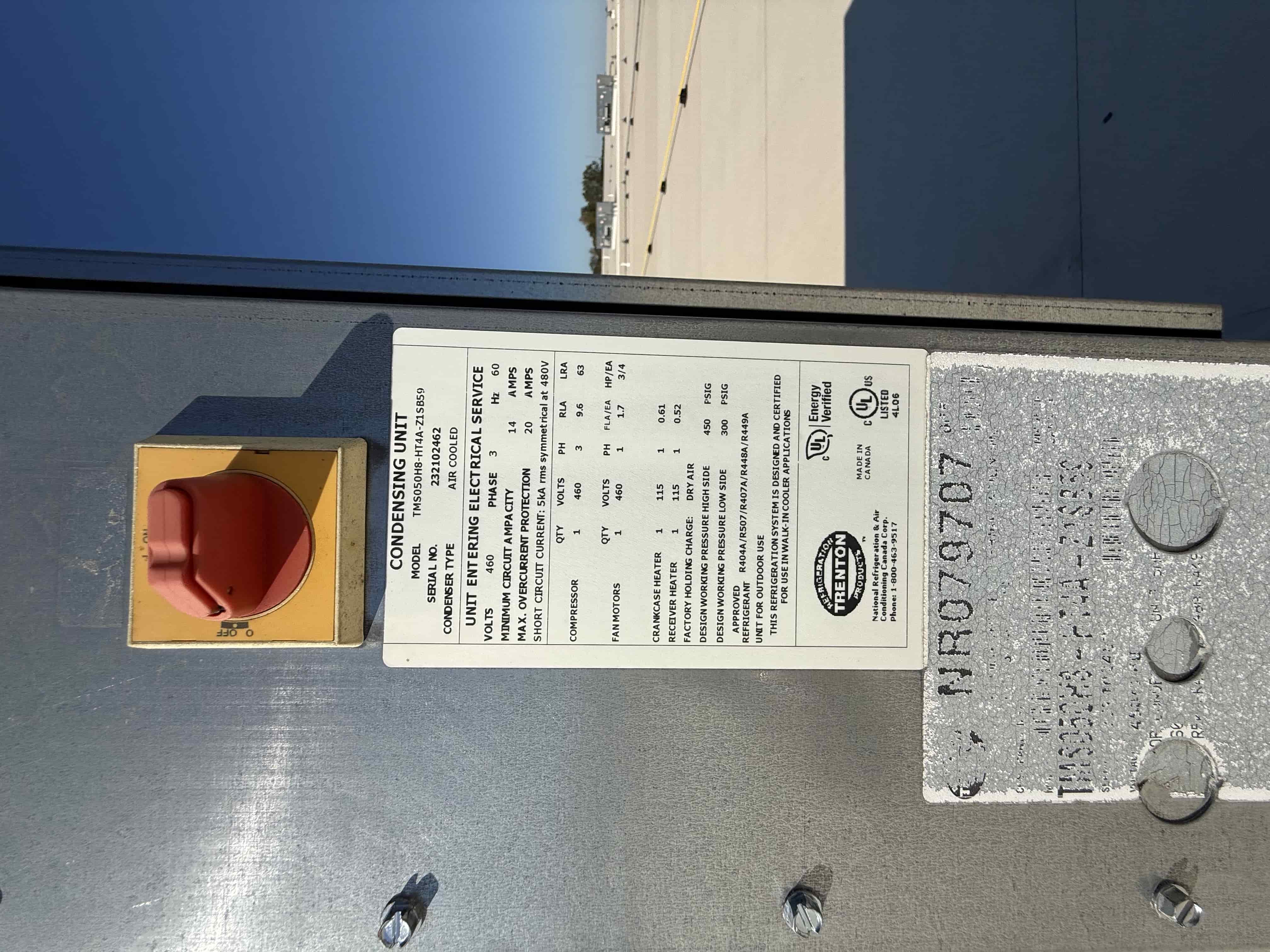 SB6017:  RCU-7 – Trenton TM5050HB-HT4A-Z2SB59, 5 HP Outdoor Air-Cooled Condensing Unit, 460 V 3-Phase (High/Medium Temp, Copeland Scroll, Multi-Refrigerant), photo 3