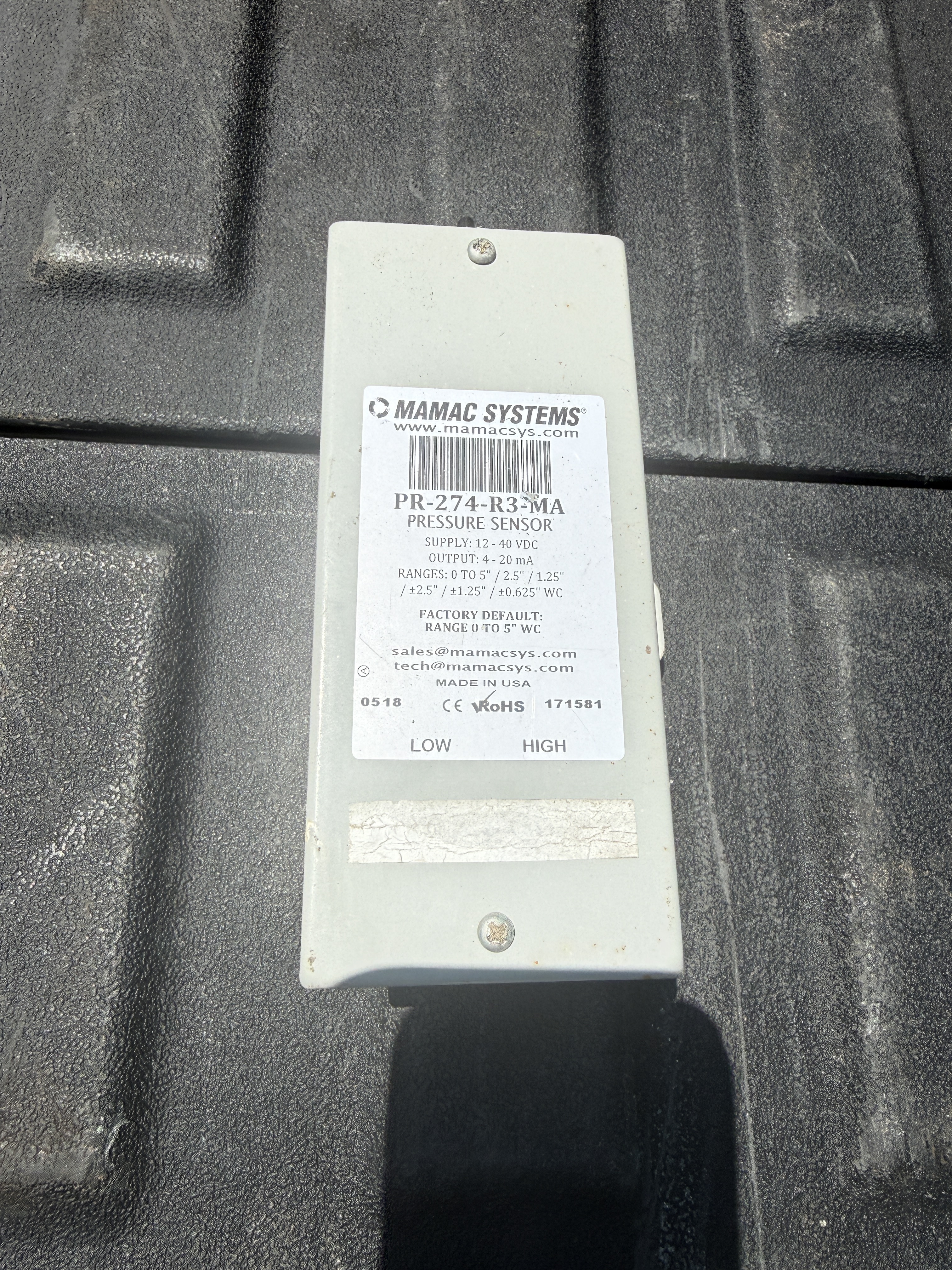 MAMAC Systems PR-274-R3-MA Differential Pressure Sensor / Transmitter (4-20mA)