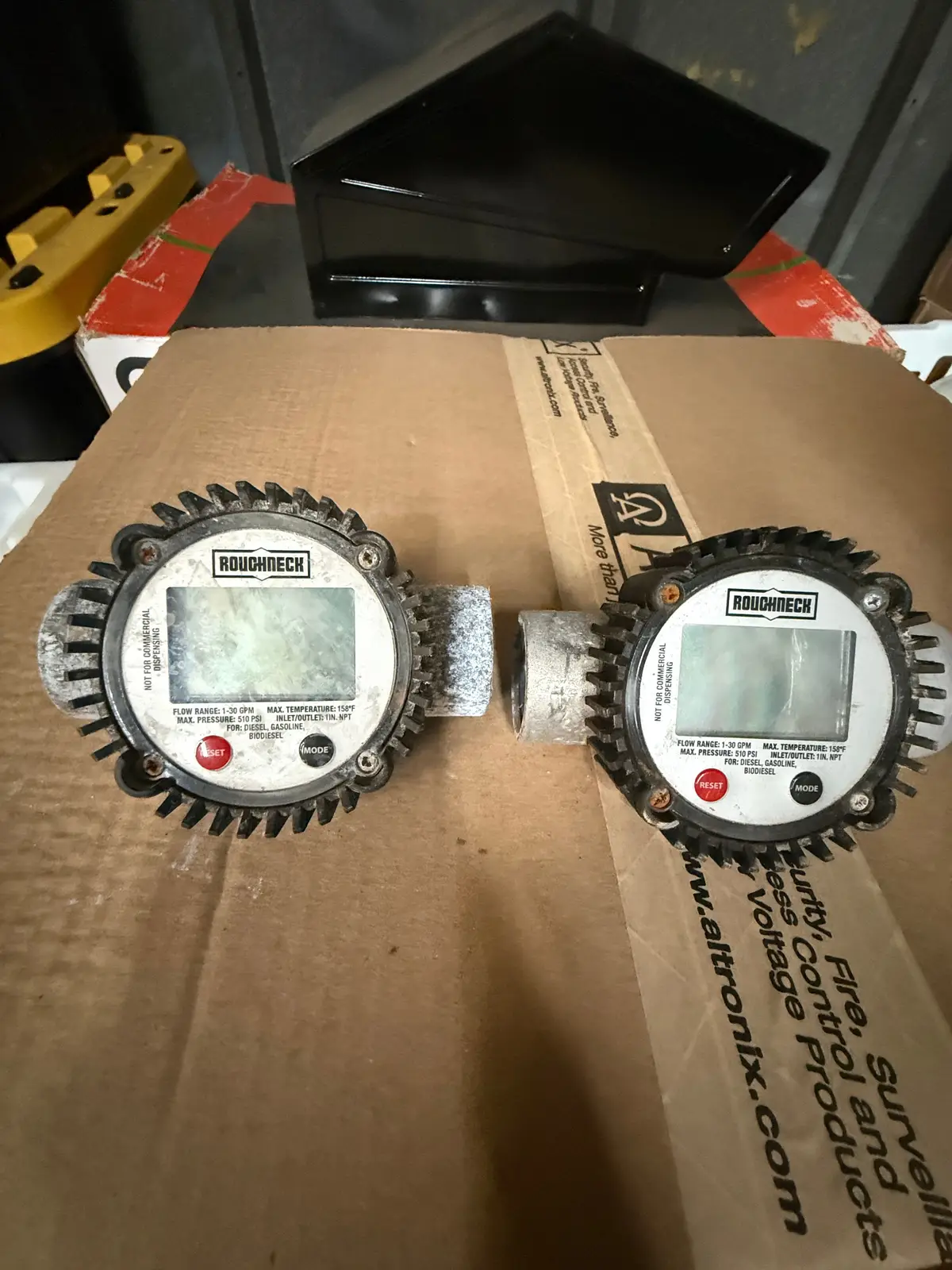 (2) Roughneck Digital Fuel Meters — 1" NPT, 1–30 GPM — Diesel/Gas/Biodiesel