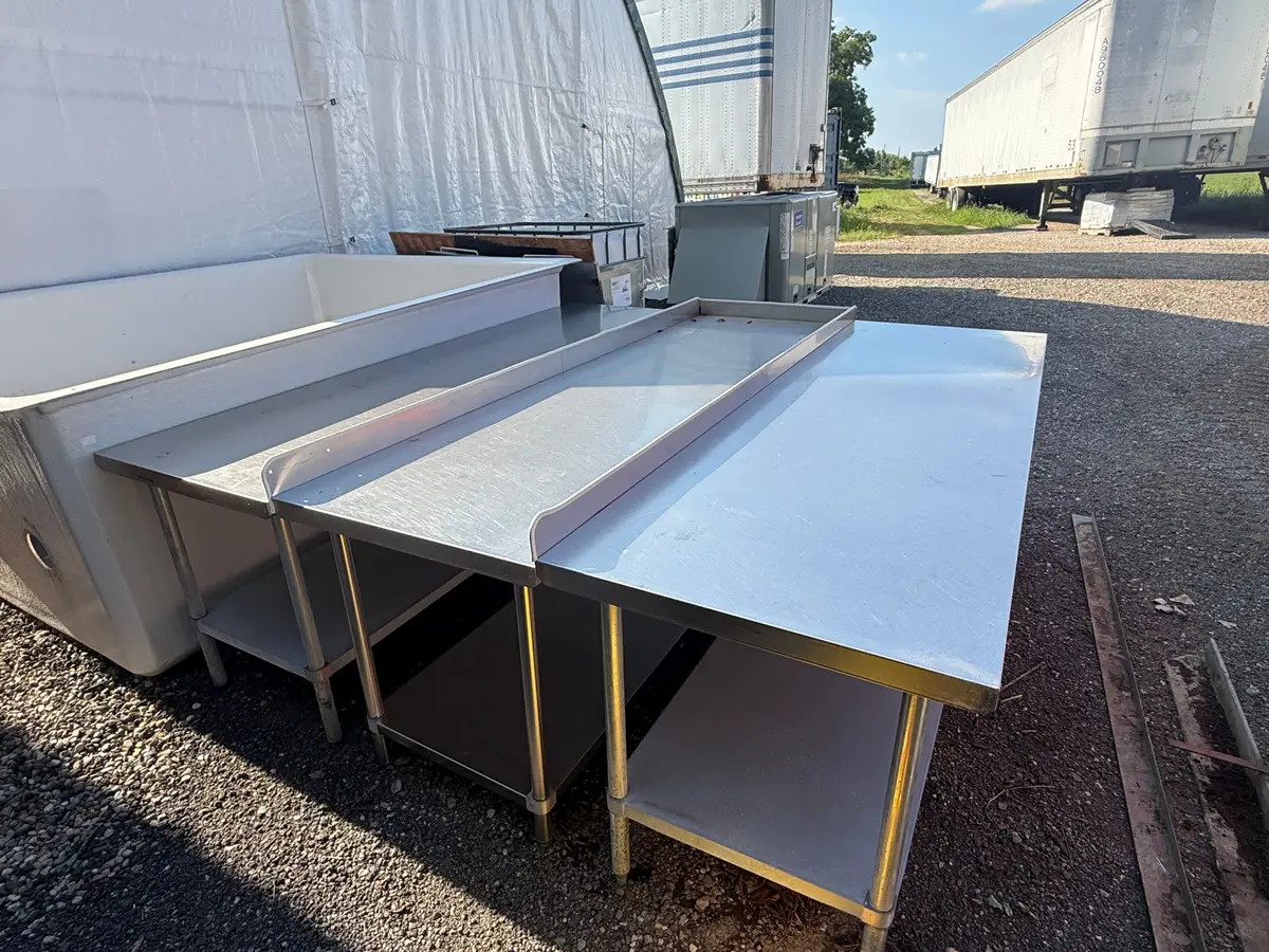 (3) Commercial Stainless Steel Tables — Dish/Drainboard & Work Tables