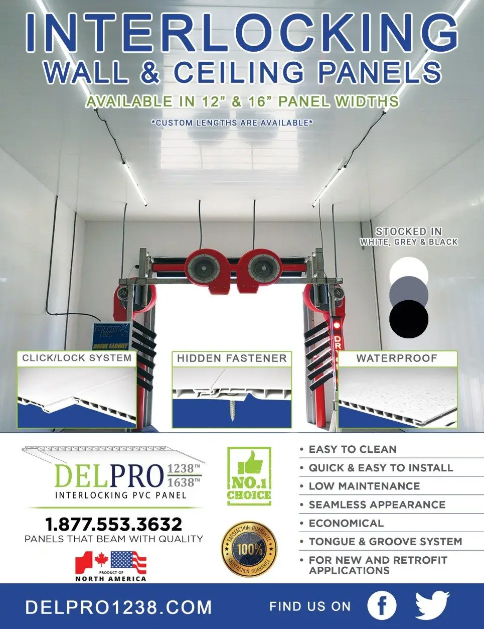 (90) DelPro 1638 Interlocking PVC Wall & Ceiling Panels, 16" x 3/8" x 18' - Full Pallet, 2,160 sq ft, NEW | Hickory, NC