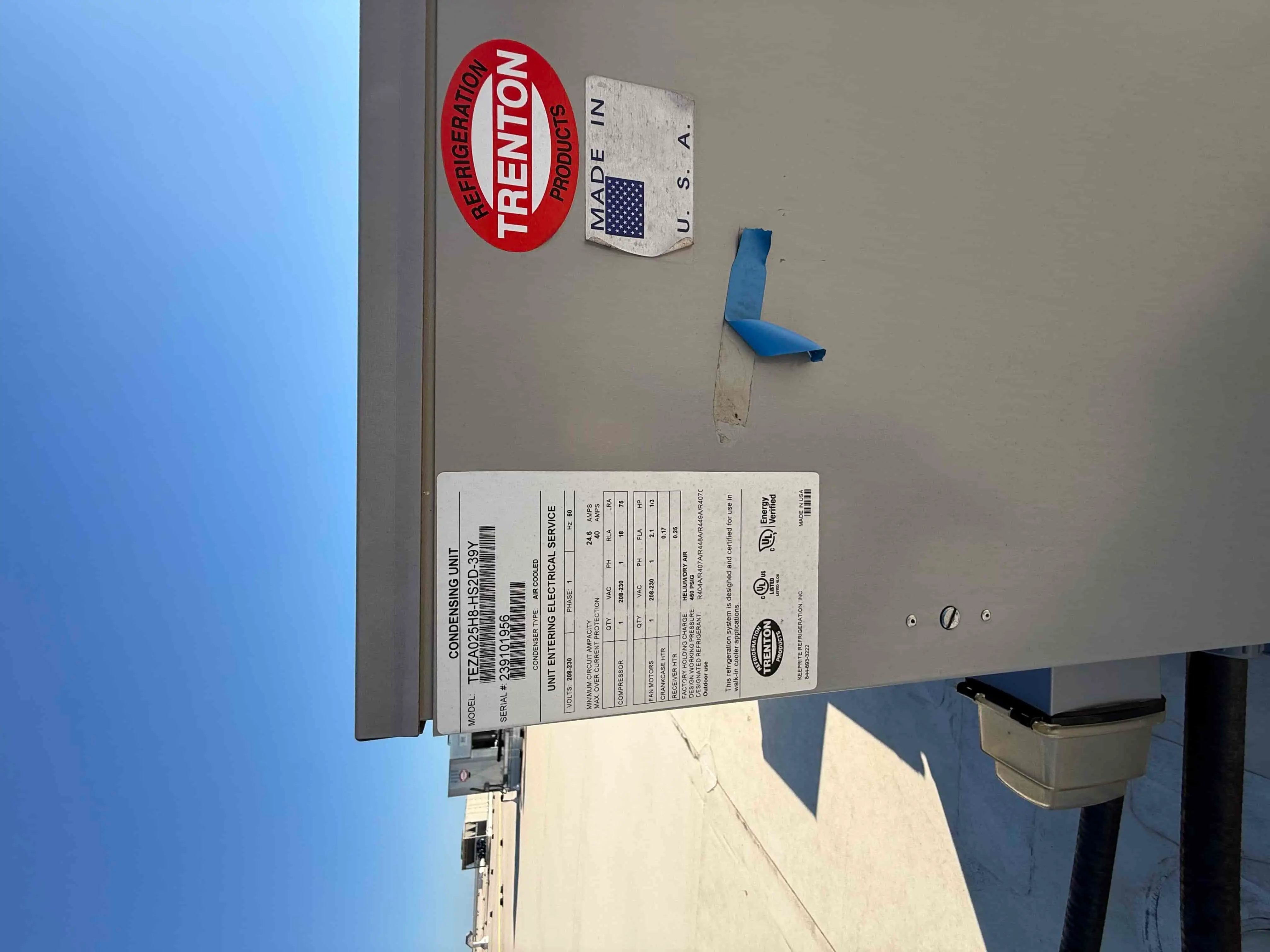 SB6016: RCU-10 – Trenton TEZA025H8-HS2D-39Y, 2.5 HP Outdoor Air-Cooled Condensing Unit, 208-230V 3-Phase (High/Medium Temp, Copeland Semi-Hermetic)