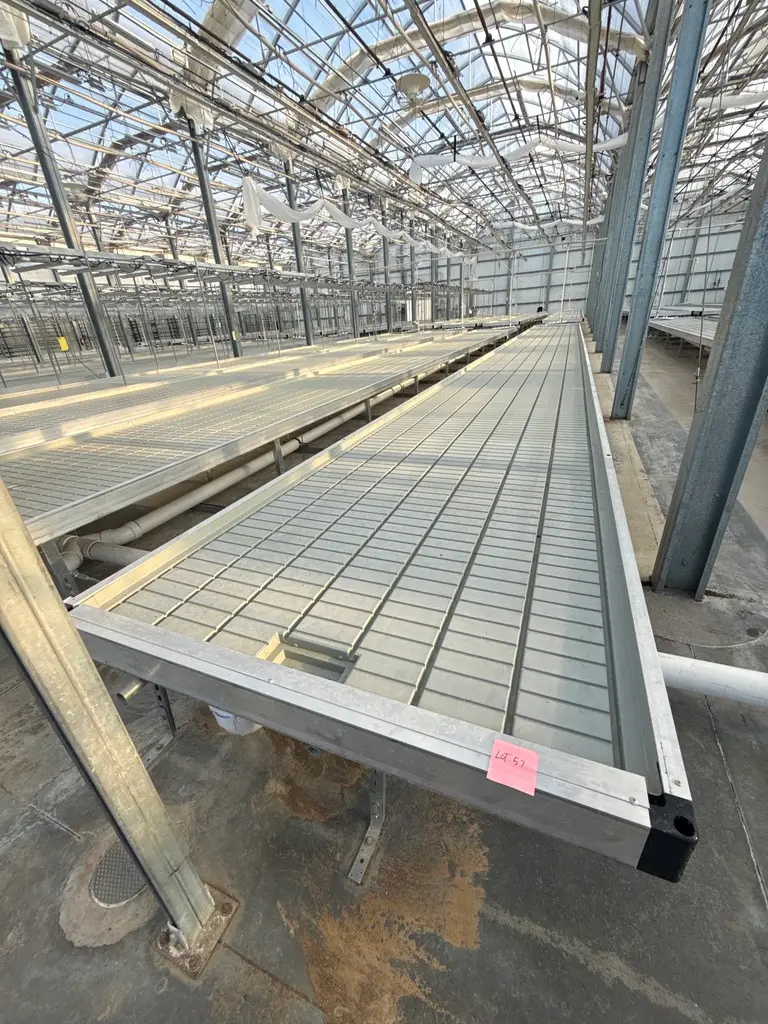 (6) Rolling Greenhouse Benches with Staal & Plast Flood Trays – 1,785 SF Total Canopy
