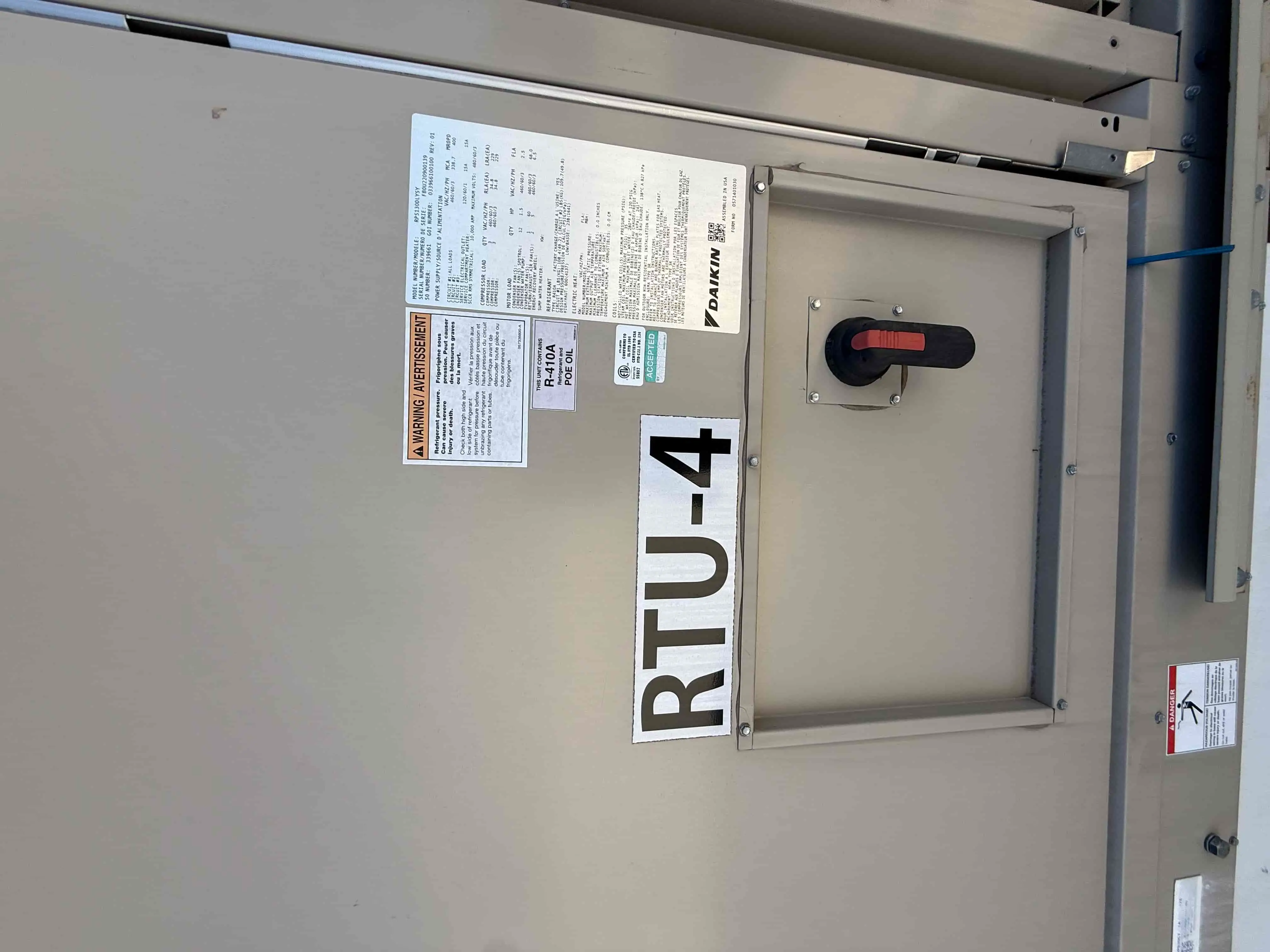 SB6002: RTU-4 – Daikin RPS 130D Rooftop Packaged HVAC Unit, 130 Ton Nominal, ~38,000 CFM Supply Airflow, Air-Cooled DX Package