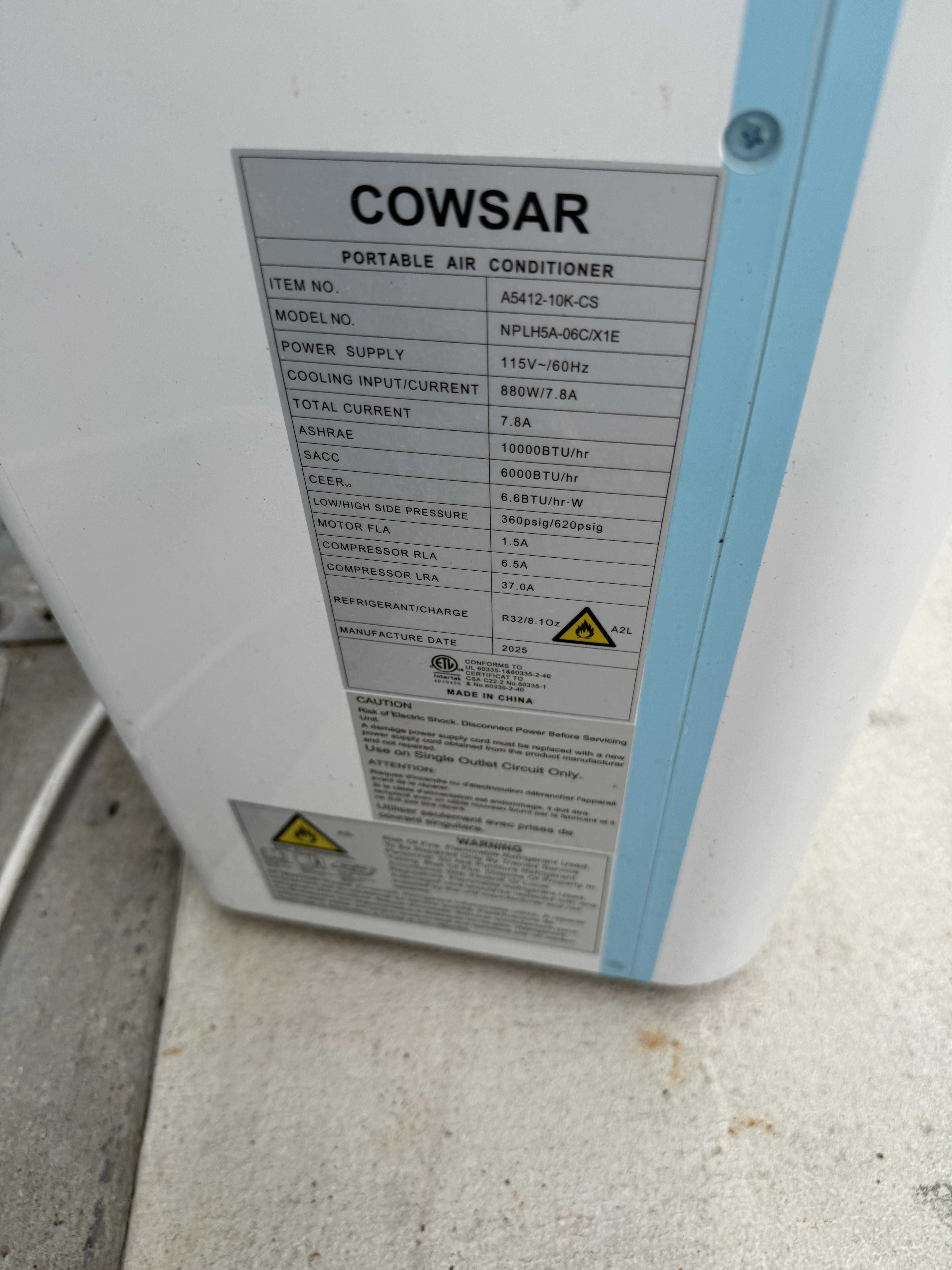 COWSAR 10,000 BTU Portable Air Conditioner (Model NPLH5A-06C/X1E), photo 2