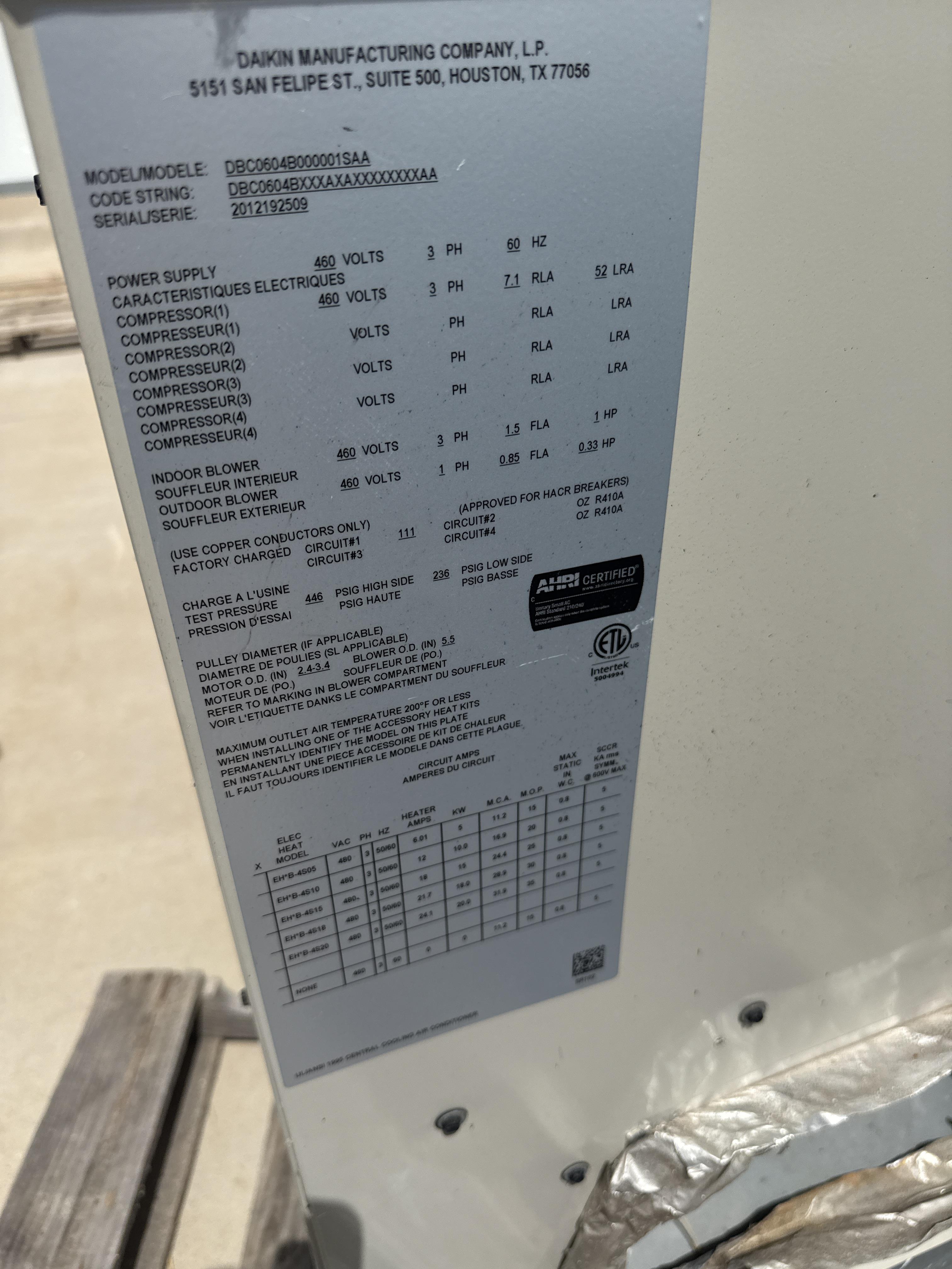 Daikin DBC060 5 Ton RTU 460V 3PH R410A – For Parts, photo 2
