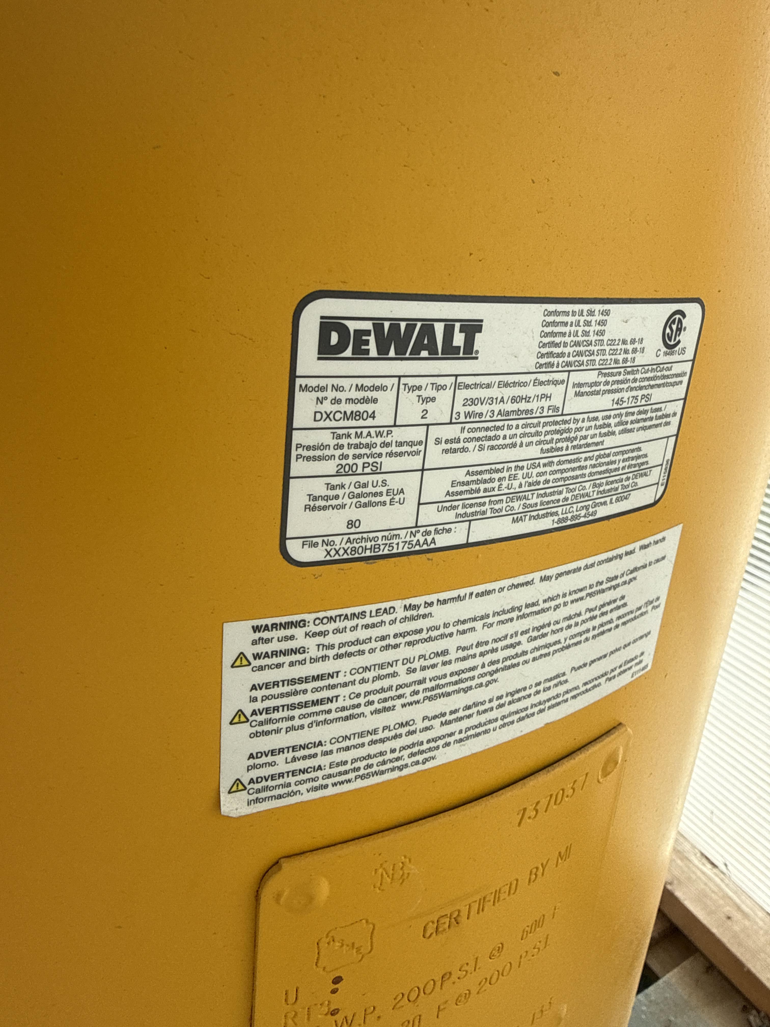 DeWalt 80 Gallon Vertical Air Compressor, 230V Single Phase, Model DXCM8043, photo 2