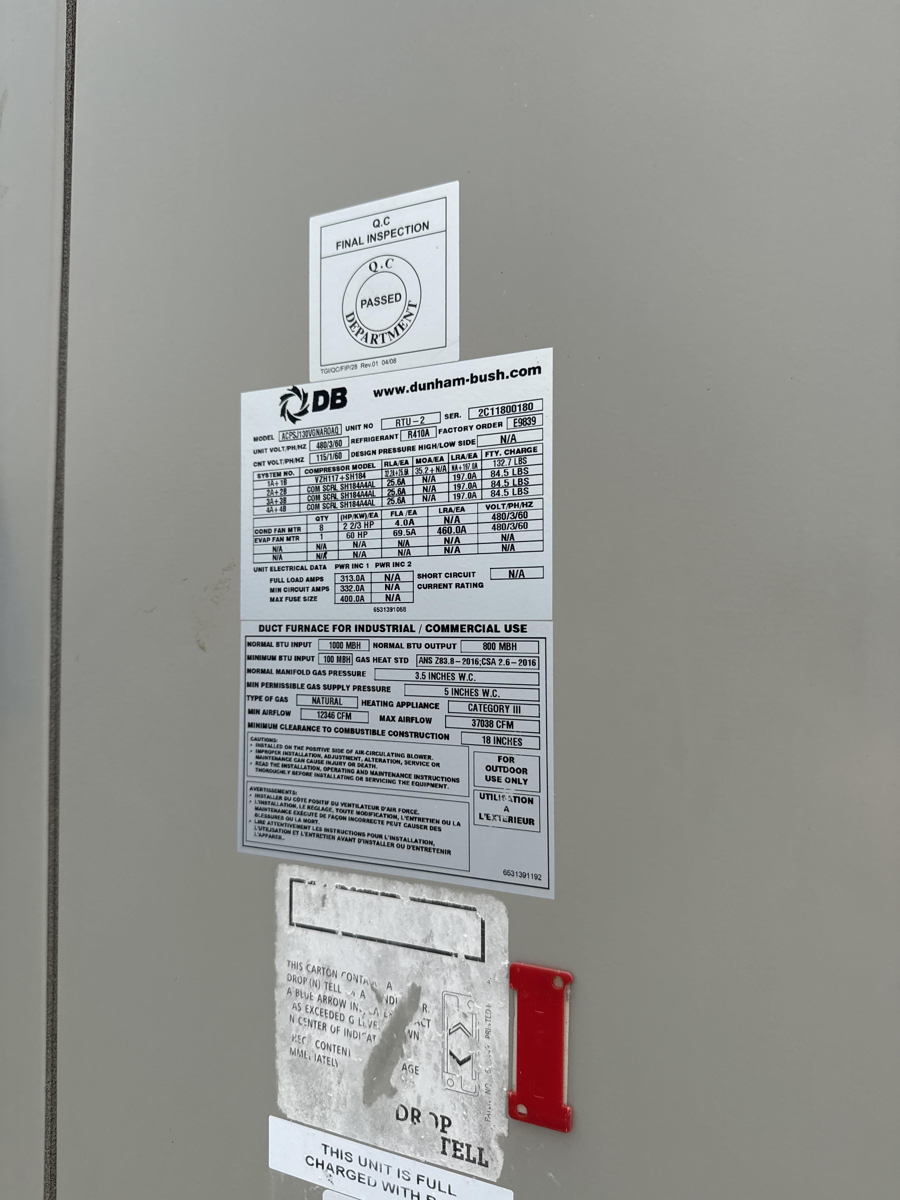 Dunham Bush ACPSJ130 Falcon Series Rooftop HVAC Unit, 130 Ton, 480V, R410A, Natural Gas Heat, photo 2