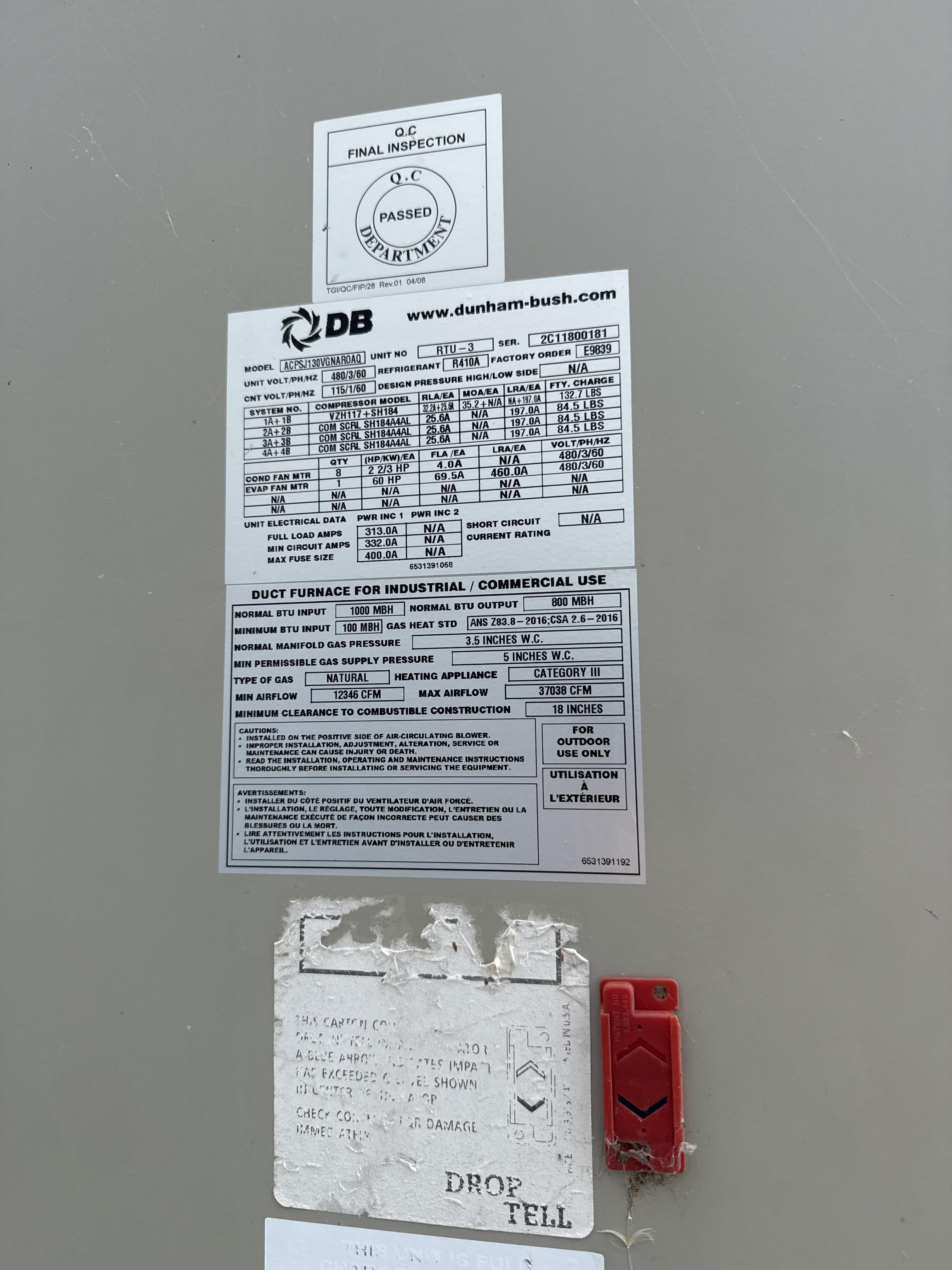 Dunham Bush Packaged HVAC Rooftop Unit, Approx. 130 Tons, 480V, Natural Gas Heat, photo 4