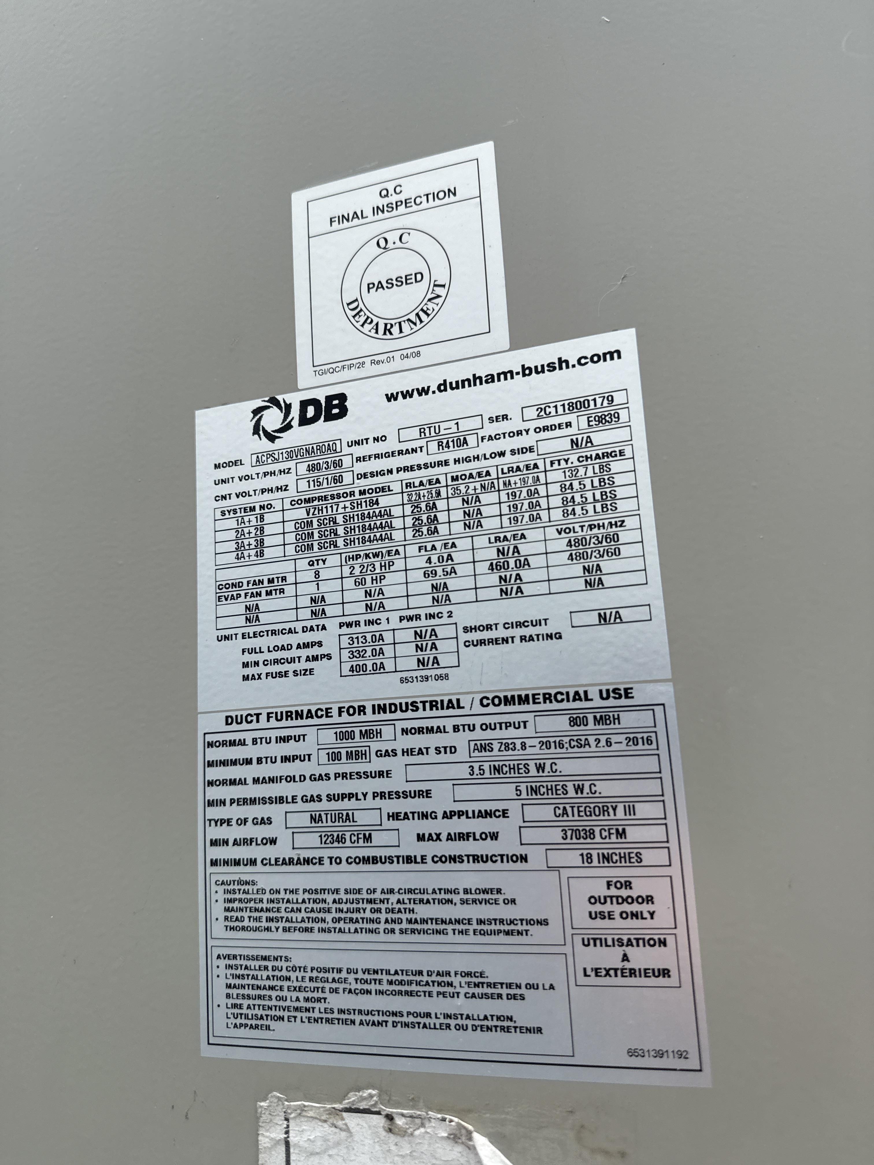 Dunham Bush RTU 130 Ton Packaged Rooftop HVAC Unit with Gas Heat and R410A Refrigerant, photo 2