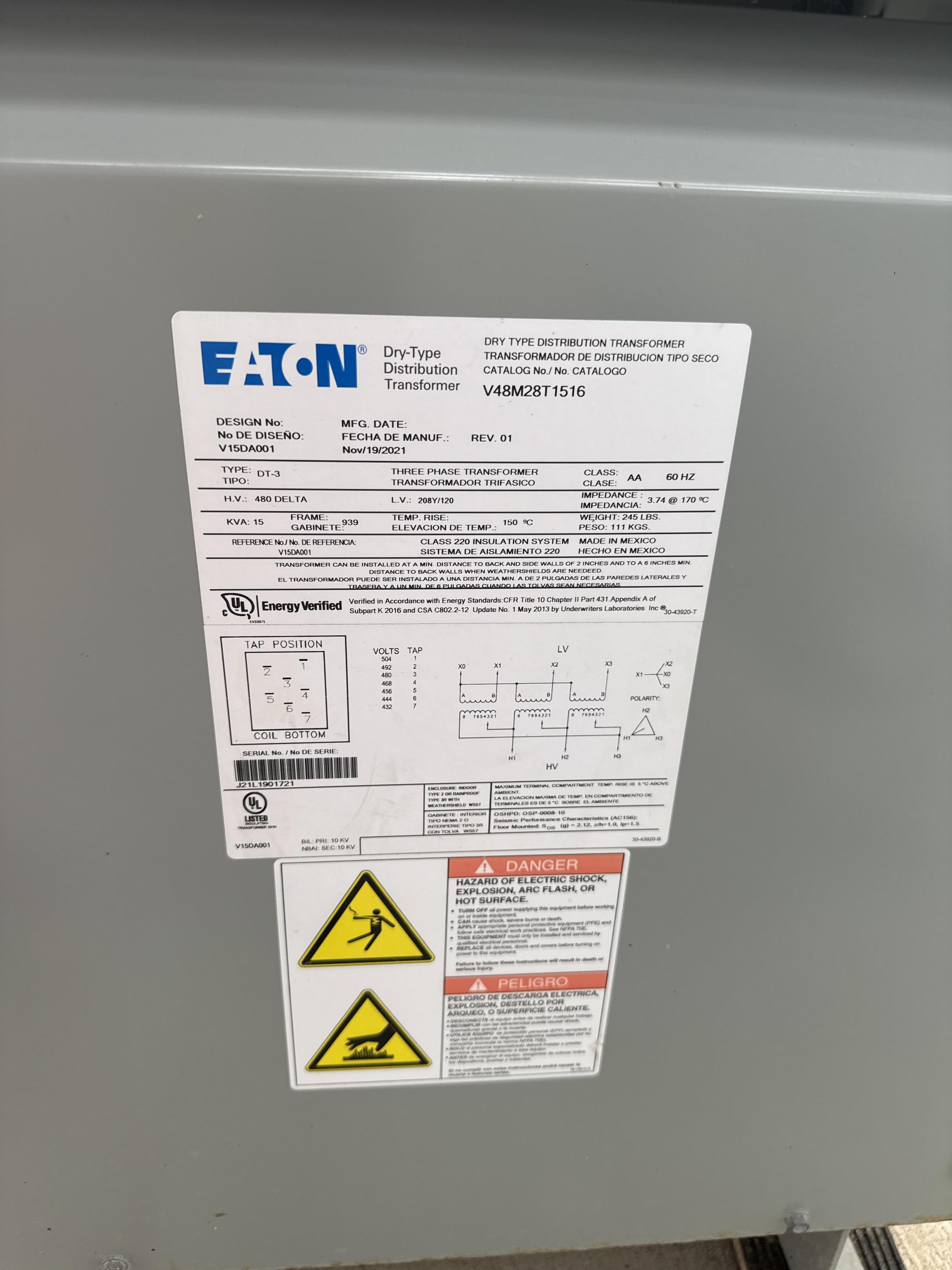 Eaton 15 kVA Dry Type Transformer 480 Delta to 208Y/120V 3 Phase, photo 2