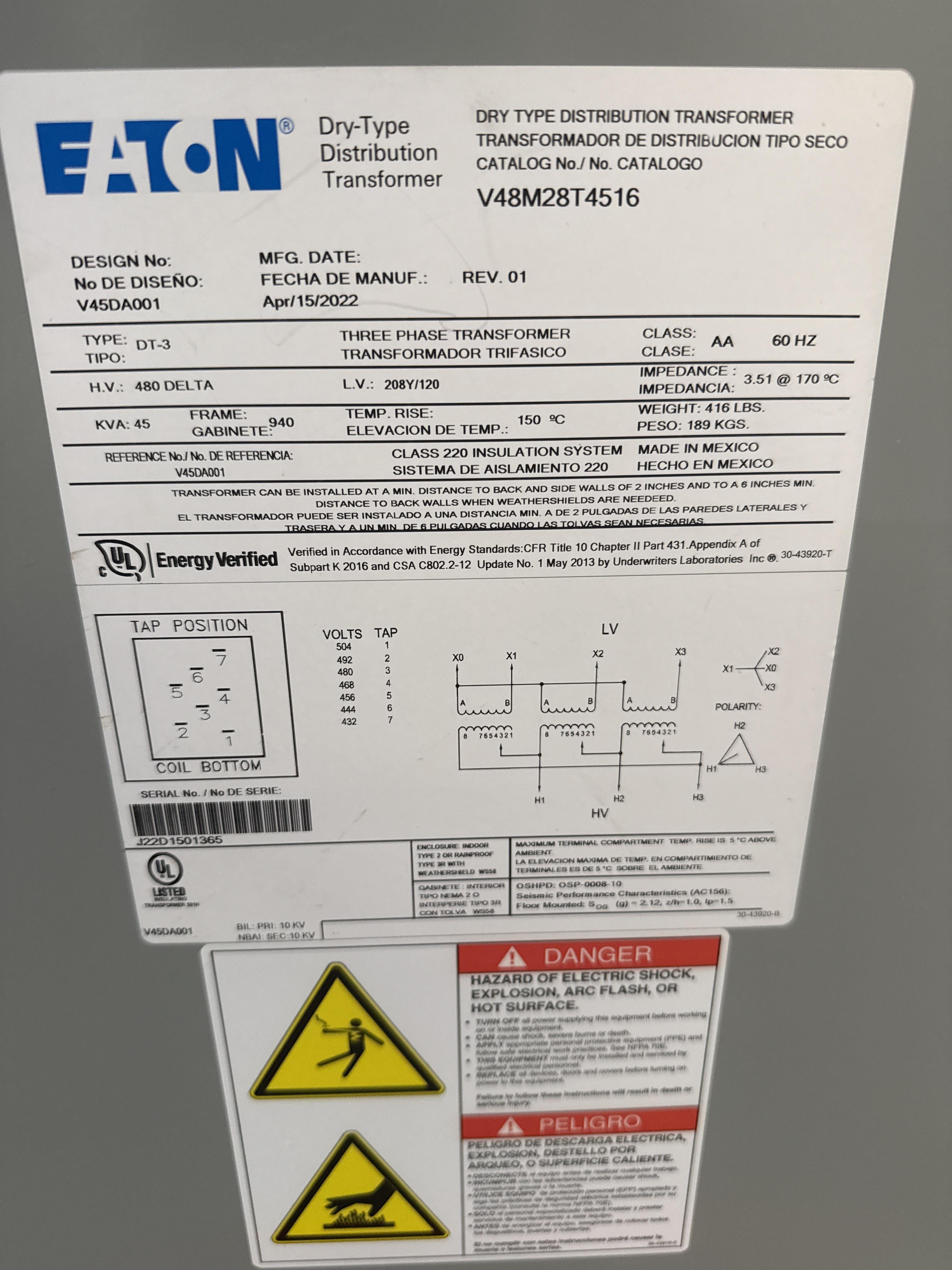 Eaton 45 kVA Dry Type 3 Phase Transformer 480V Delta to 208Y/120V 2022, photo 2