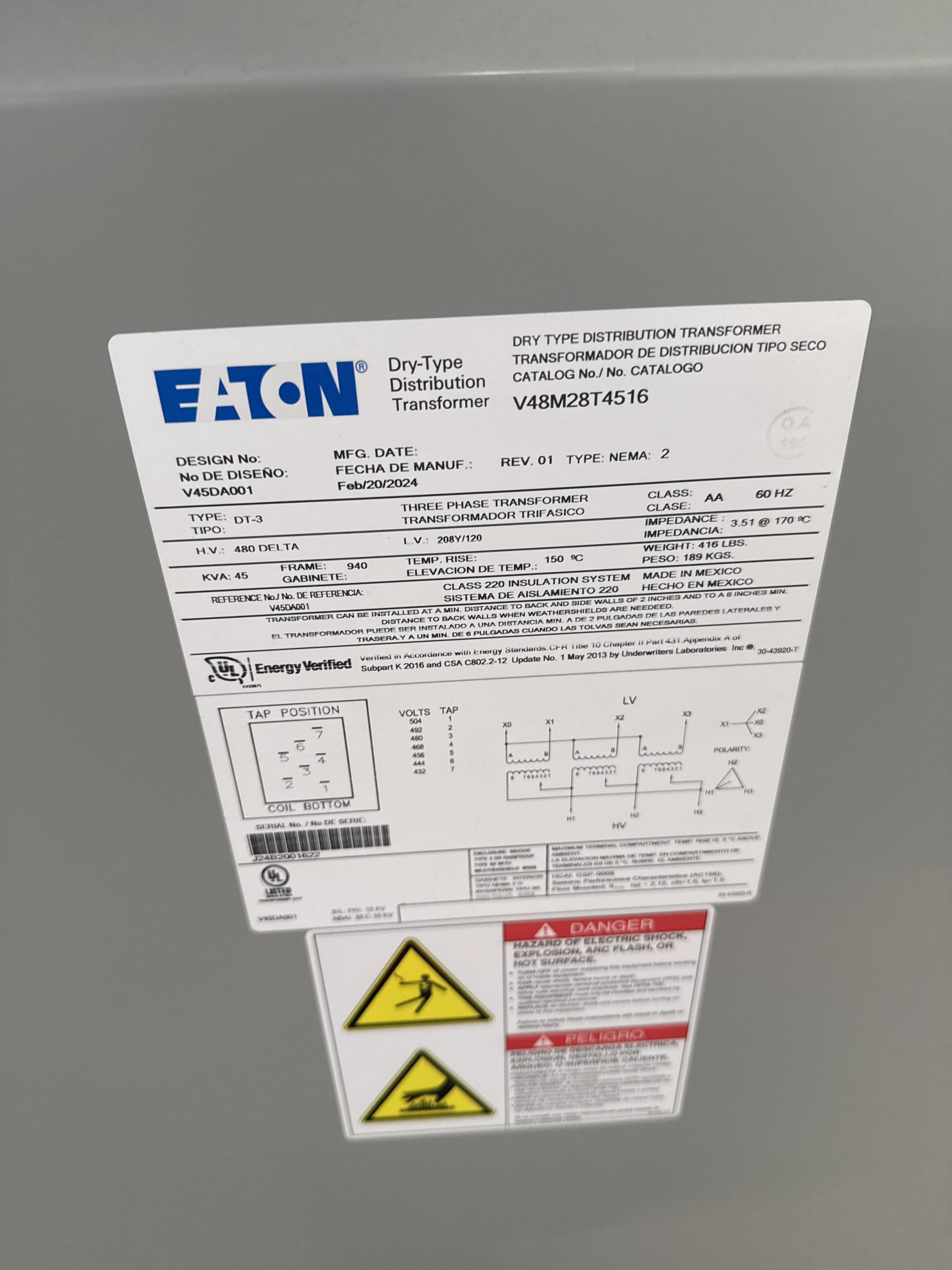 Eaton 45 kVA Dry Type 3 Phase Transformer 480V Delta to 208Y/120V 2024, photo 2