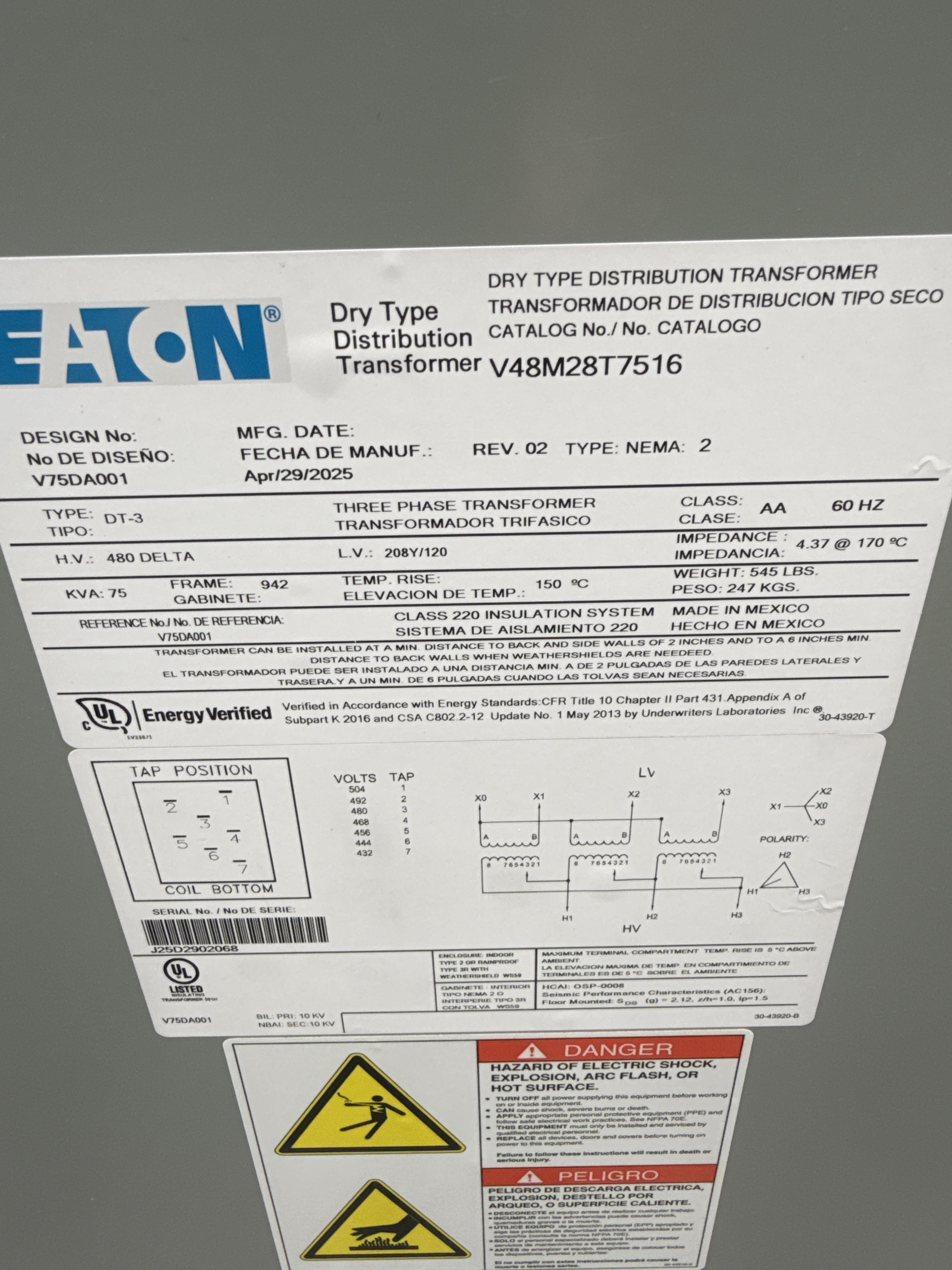 Eaton 75 kVA Dry Type Transformer 480 Delta to 208Y/120V 3 Phase, photo 2