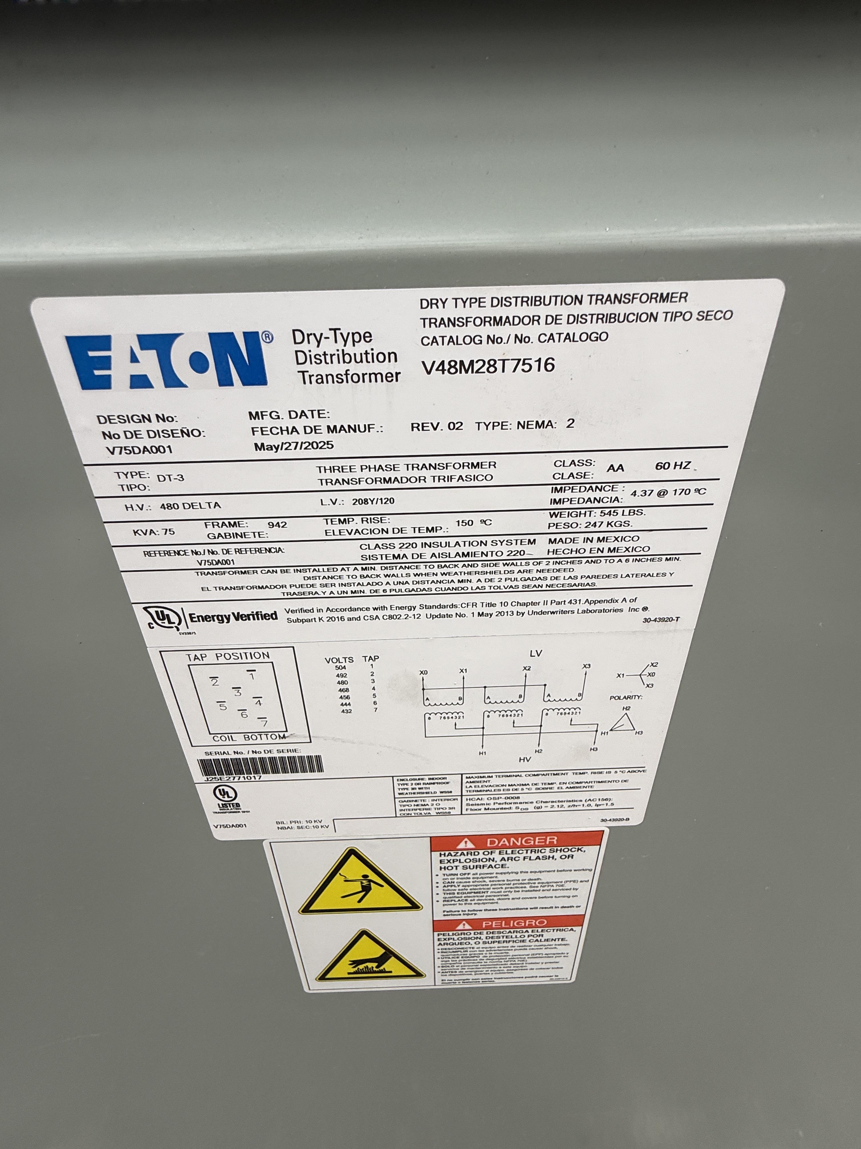 Eaton 75 kVA Dry-Type Transformer 480V Delta to 208/120V 3-Phase, photo 2