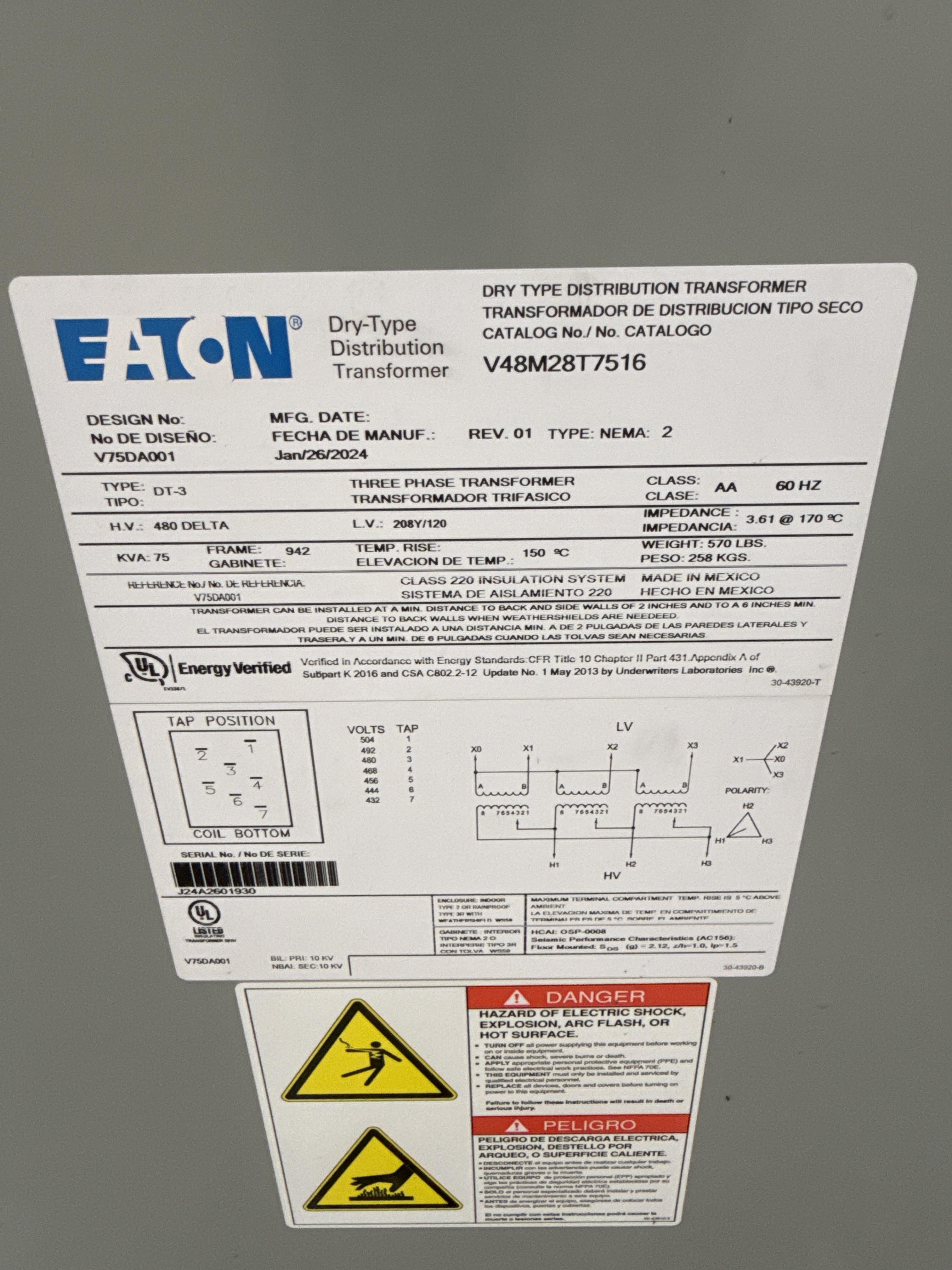 Eaton 75 kVA Dry Type Transformer 480V Delta to 208Y/120V 3 Phase Jan 2024, photo 2