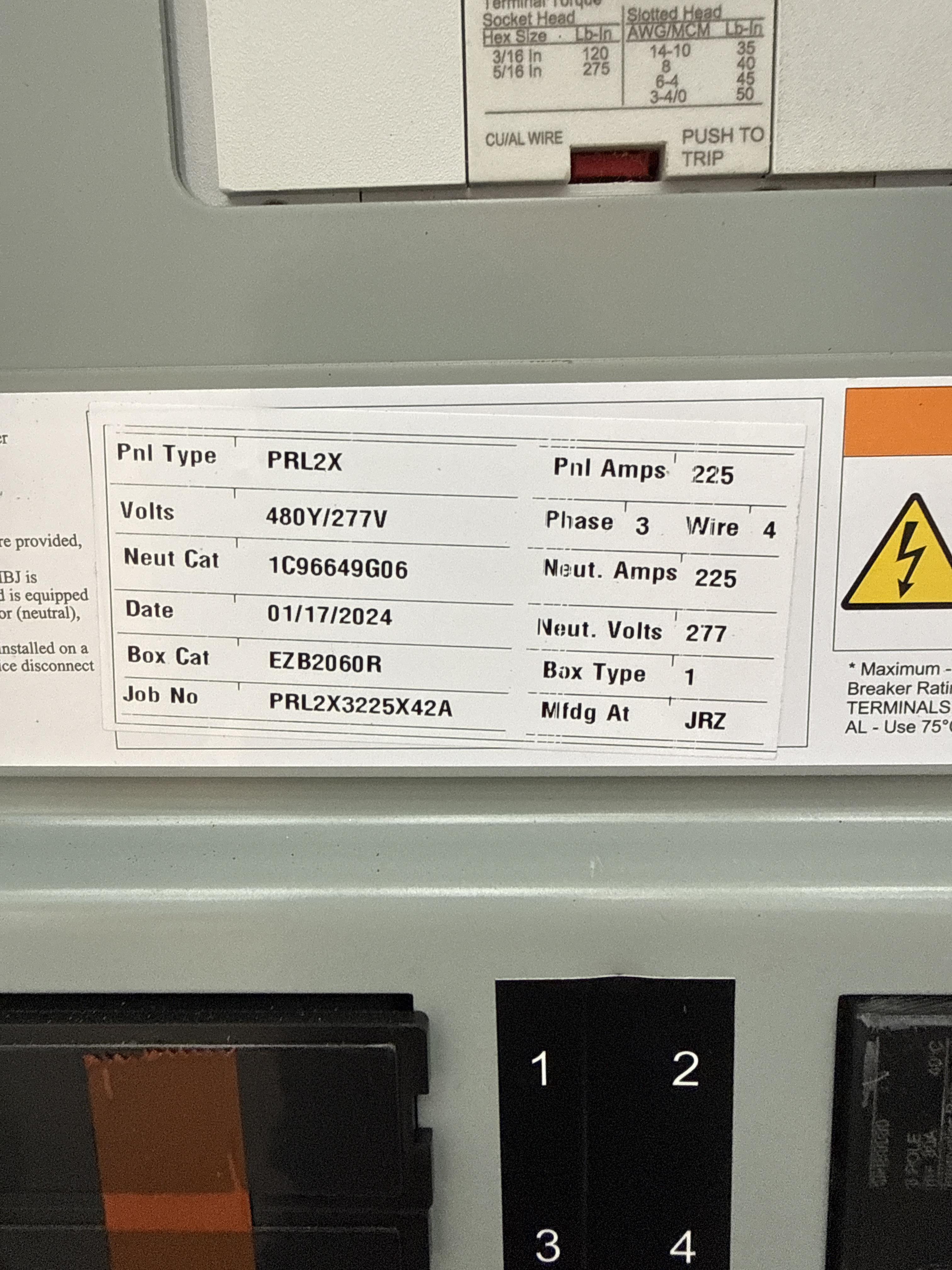 Eaton Pow R Line 480Y/277V 225A 42 Circuit Panelboard PRL2X Jan 2024, photo 3