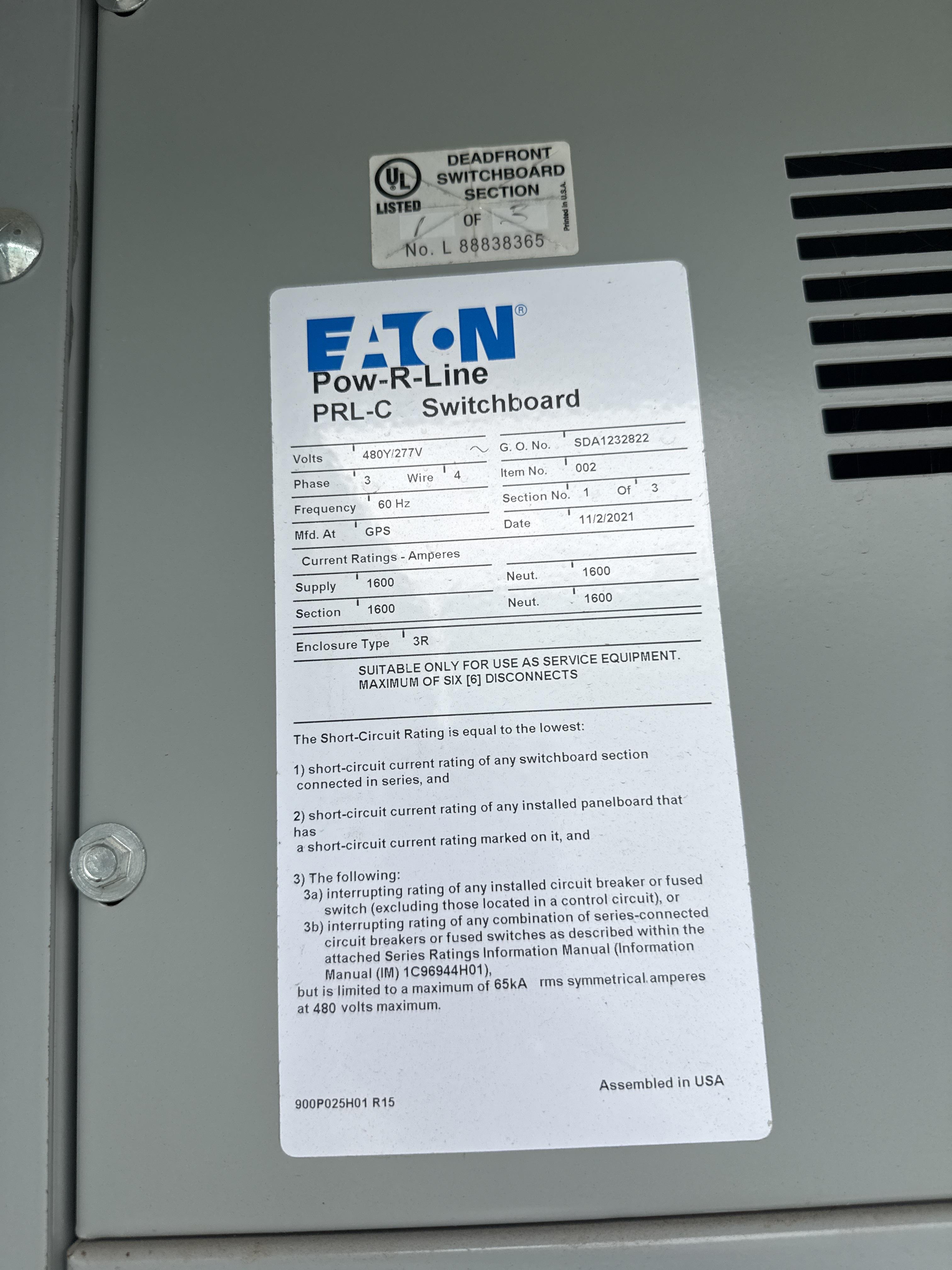 Eaton PRL C 1600A 480Y/277V Switchboard with Main Breaker and Generator Quick Connect, photo 3