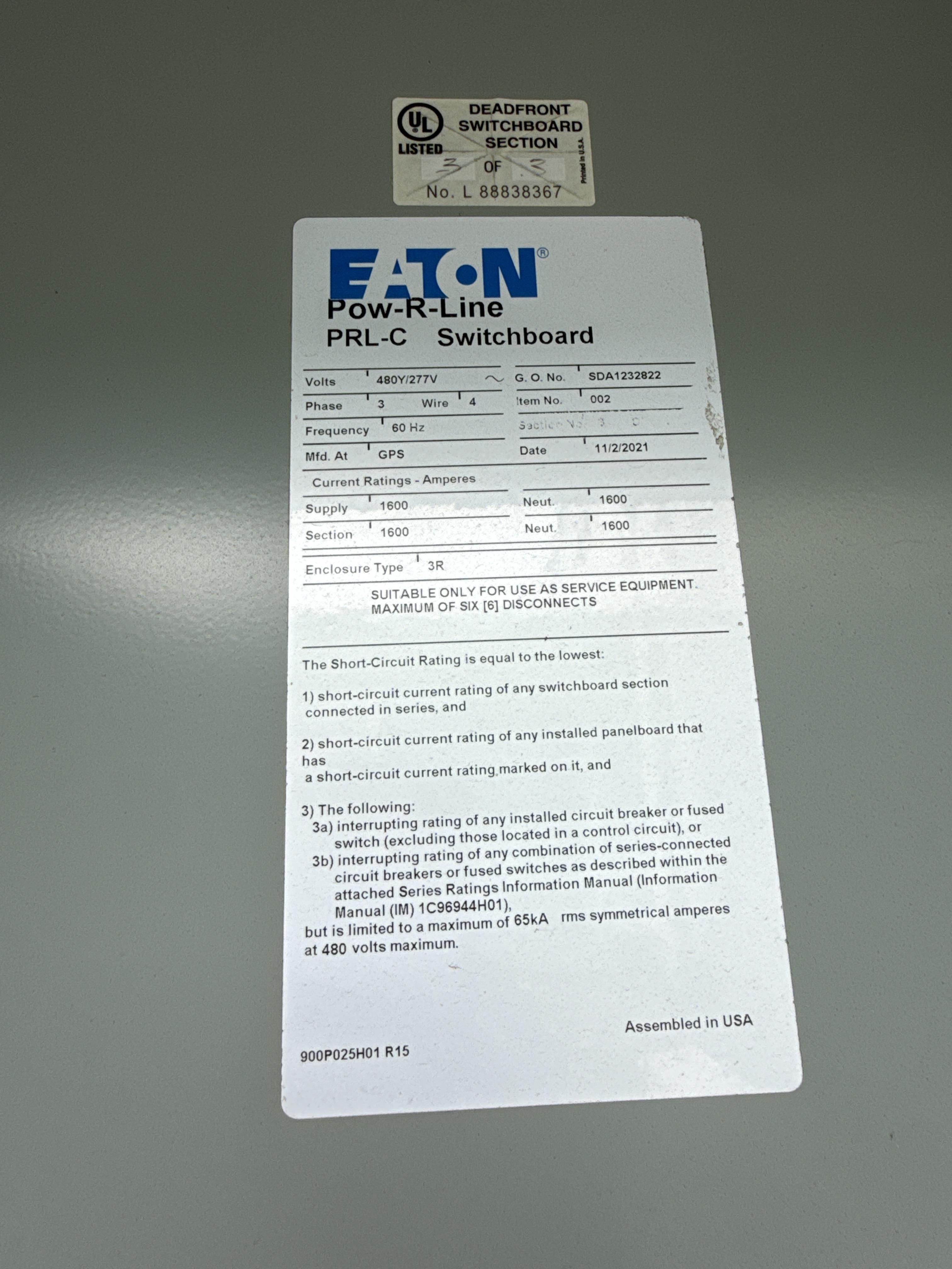 Eaton PRL C 1600A 480Y/277V Switchboard with Main Breaker and Generator Quick Connect, photo 8