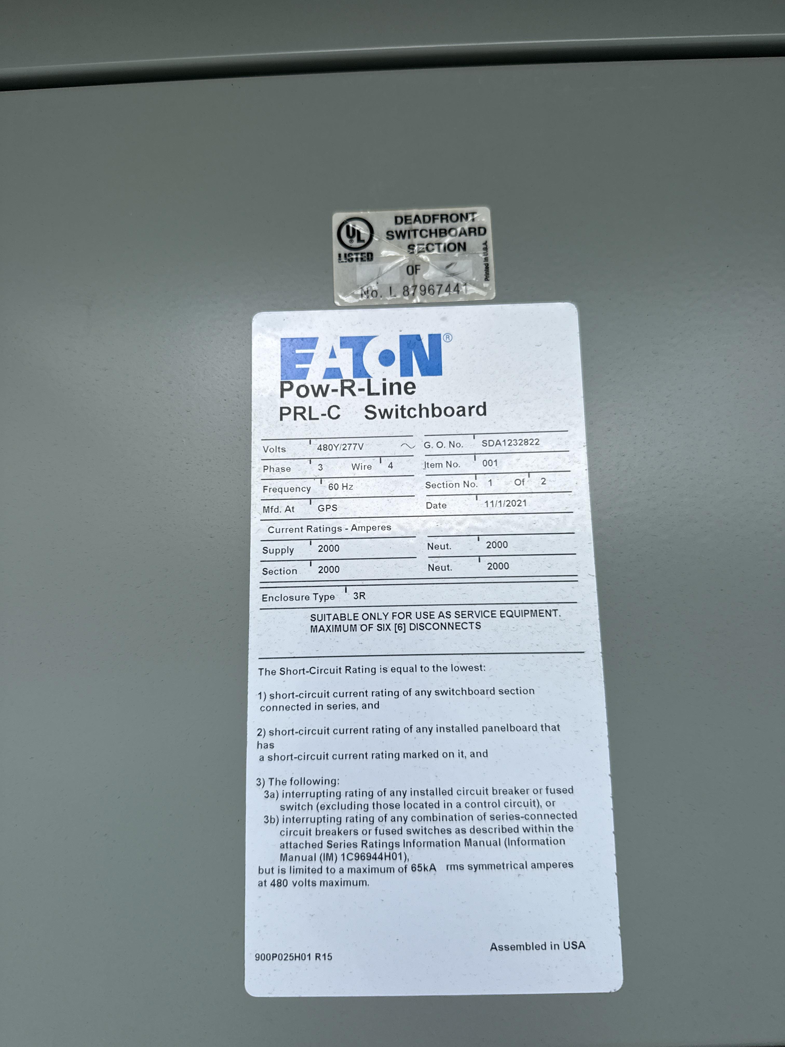 Eaton PRL C 2000A 480Y/277V Switchboard with 2000A Main Breaker Outdoor NEMA 3R, photo 5