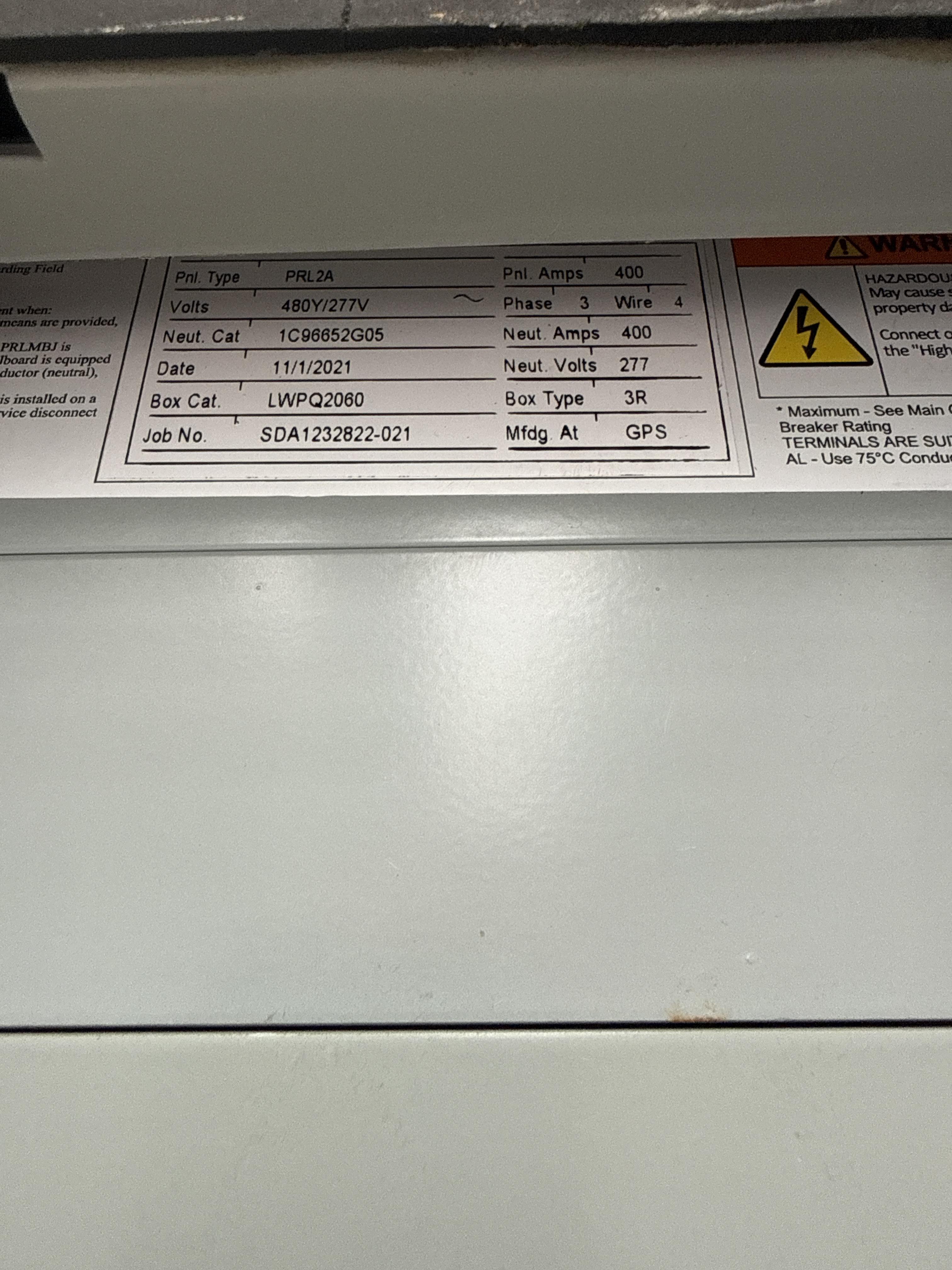Eaton PRL2A 400A Panelboard 480Y/277V 3 Phase 4 Wire with Breakers, photo 2