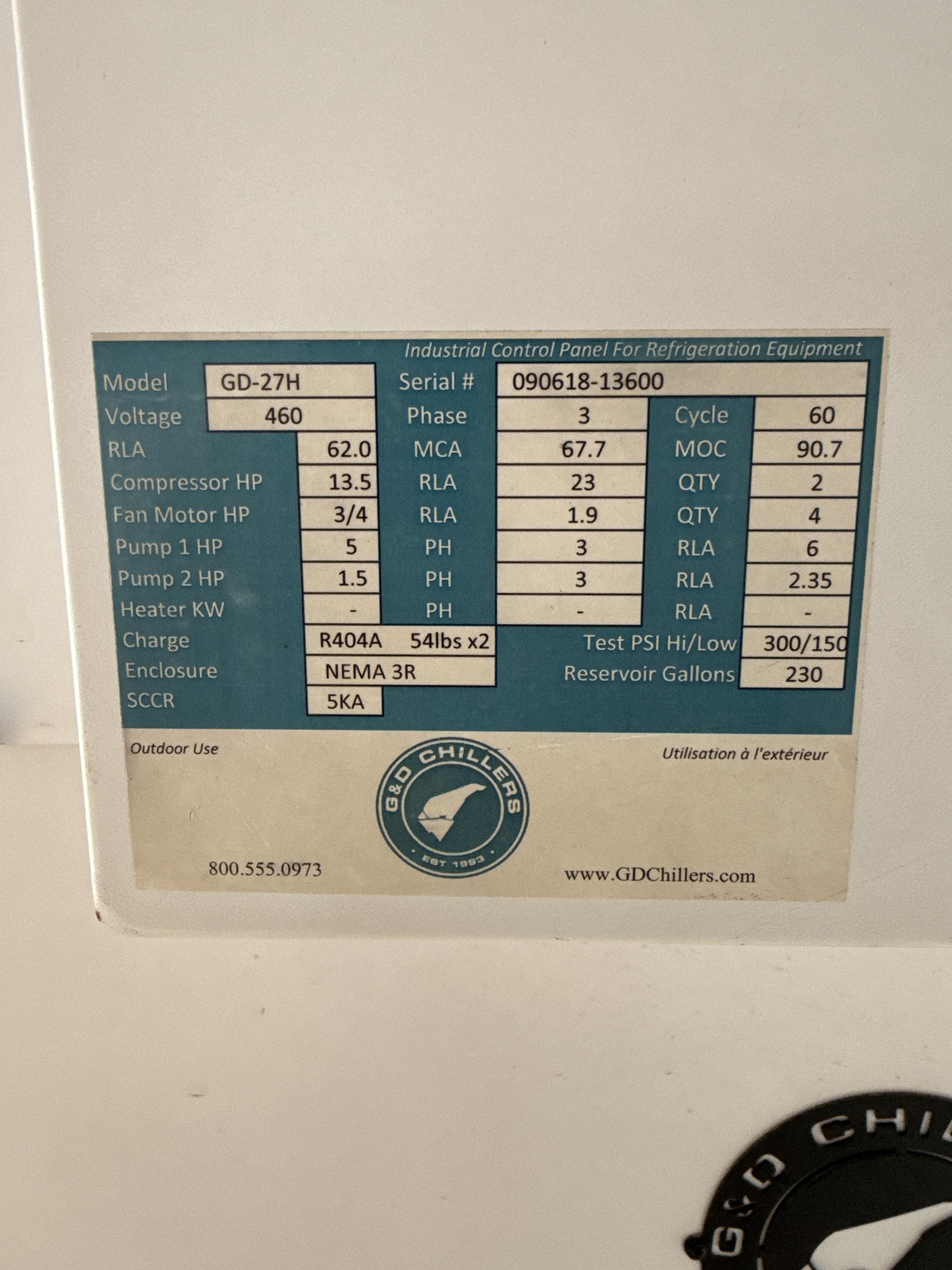 GD Chillers GD-27H Industrial Glycol Chiller 460V 13.5 HP Dual Circuit, photo 3