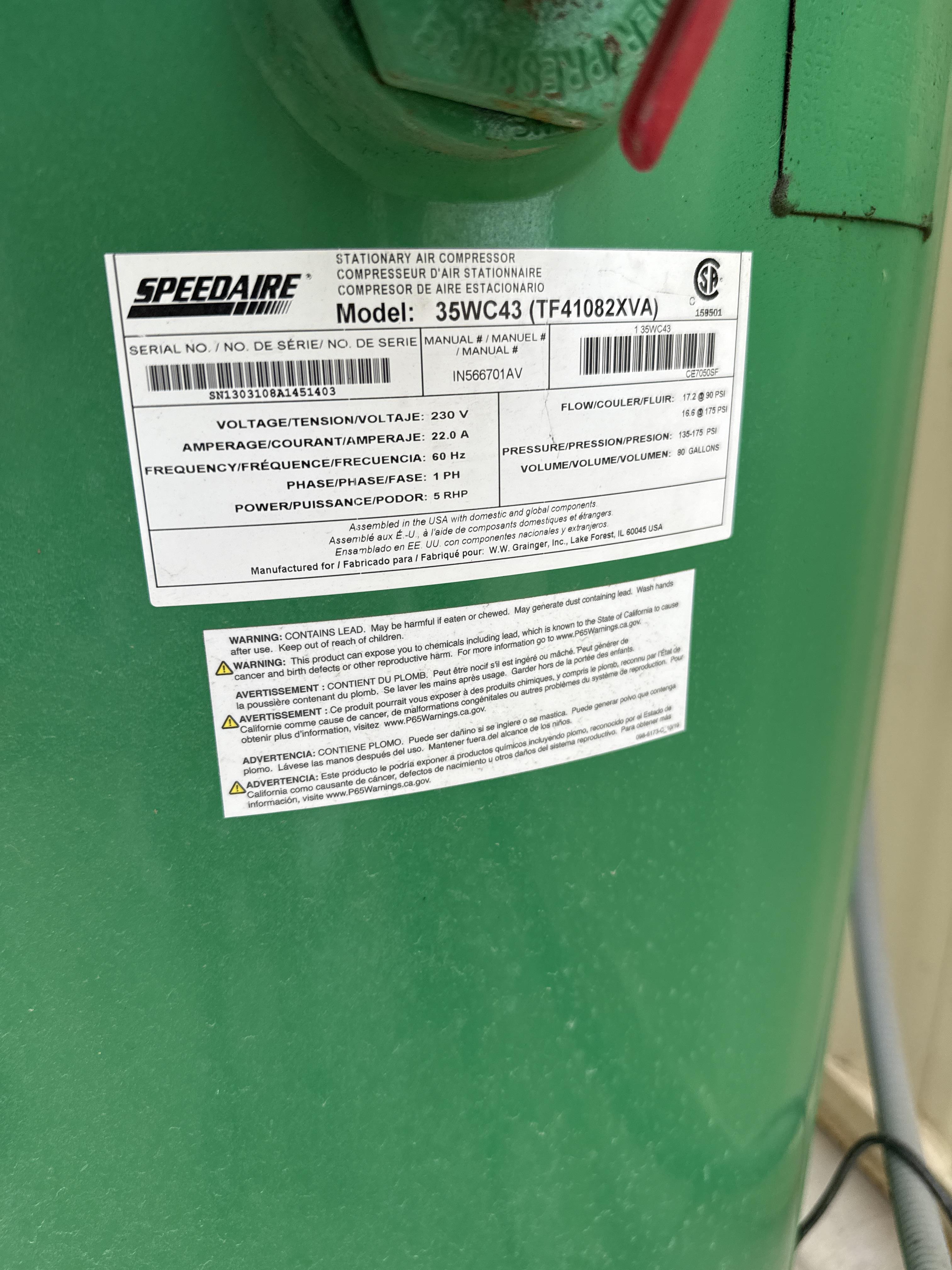 Speedaire 80 Gallon Vertical Air Compressor, 5 HP, 230V, Single Phase, photo 2