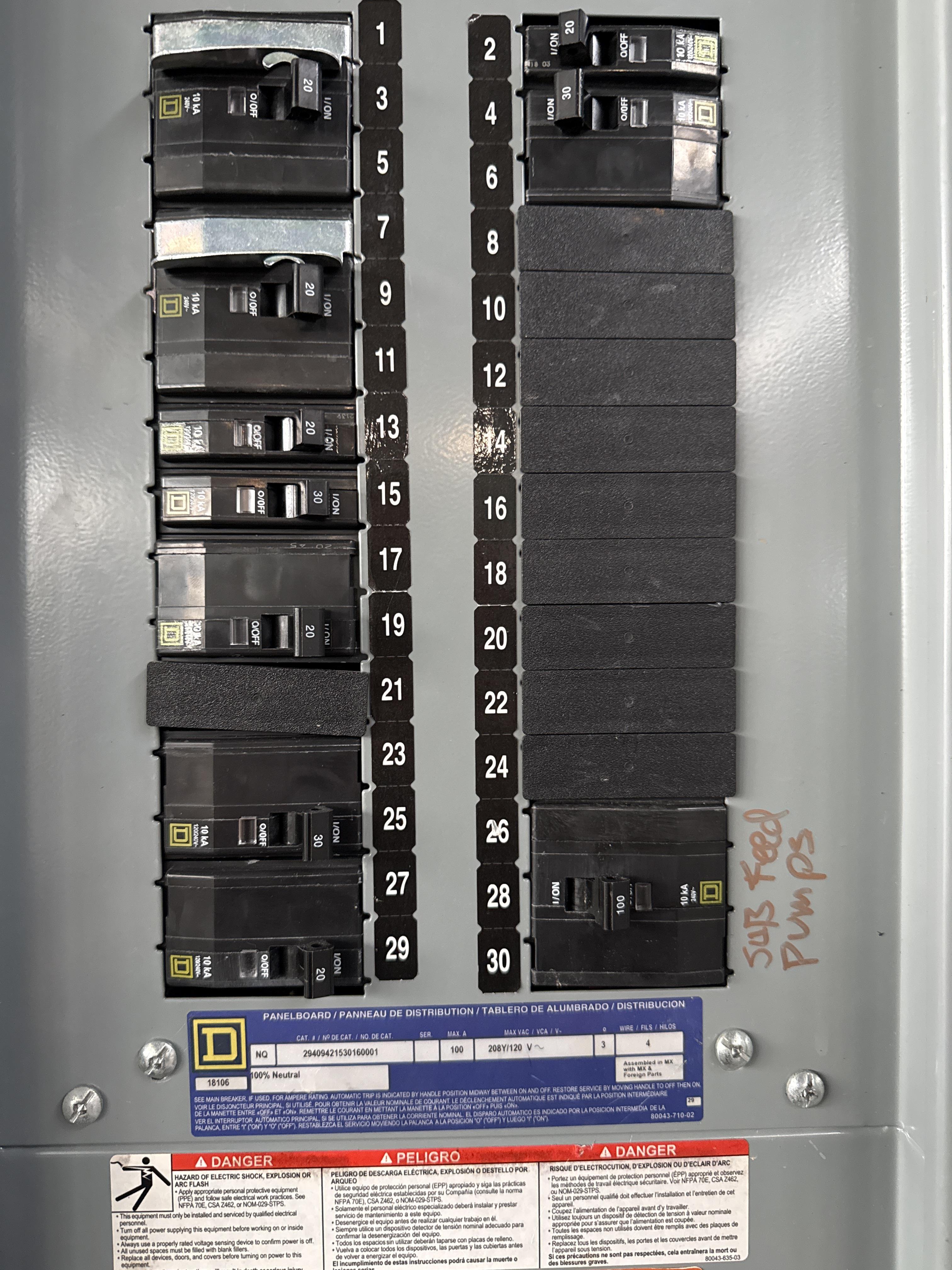 Square D 100A 208/120V 3 Phase Distribution Panelboard w/ Breakers, photo 2