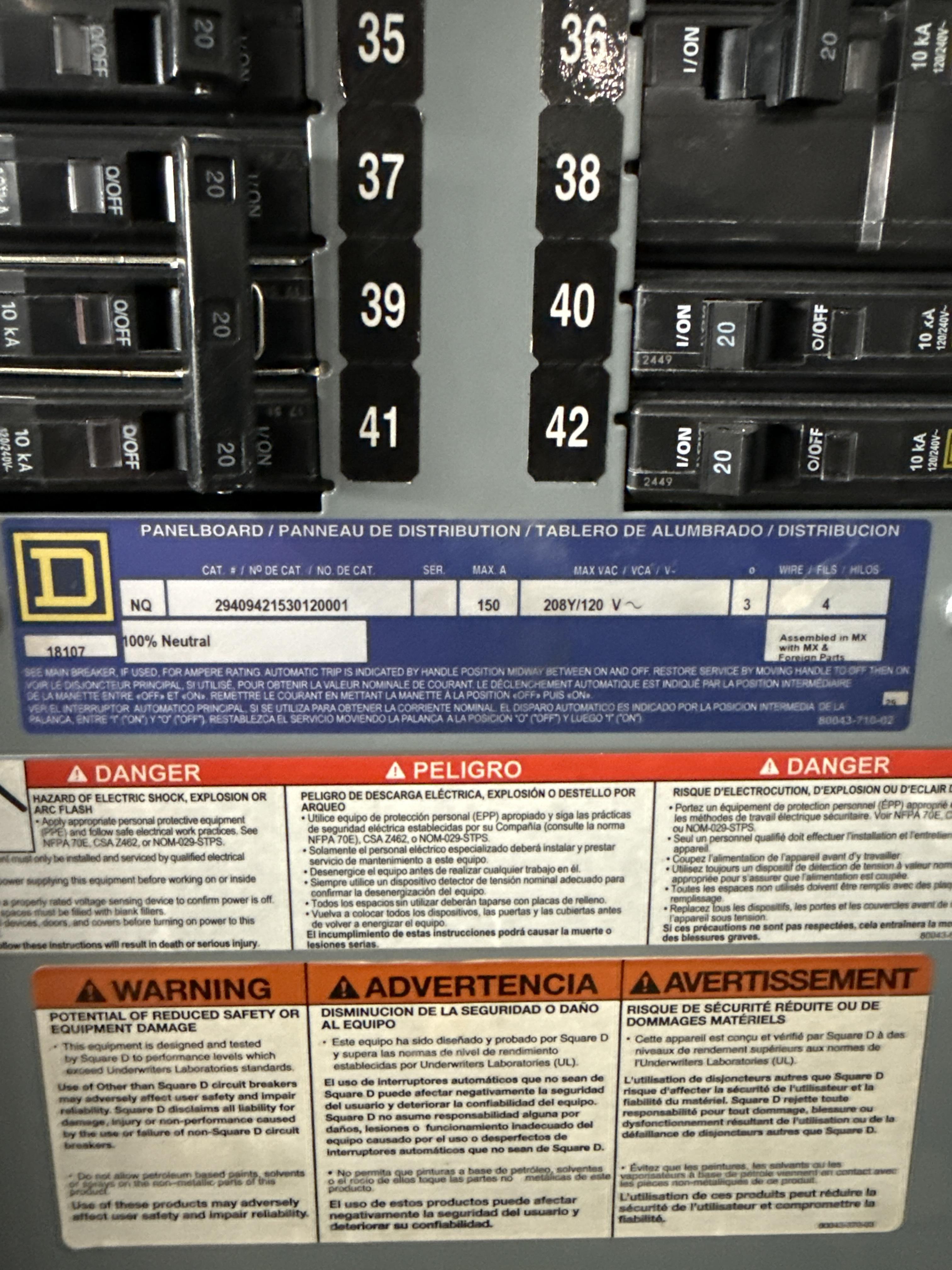 Square D 150A 208/120V 3-Phase Panelboard w/ Breakers – NQ 42 Circuit, photo 3