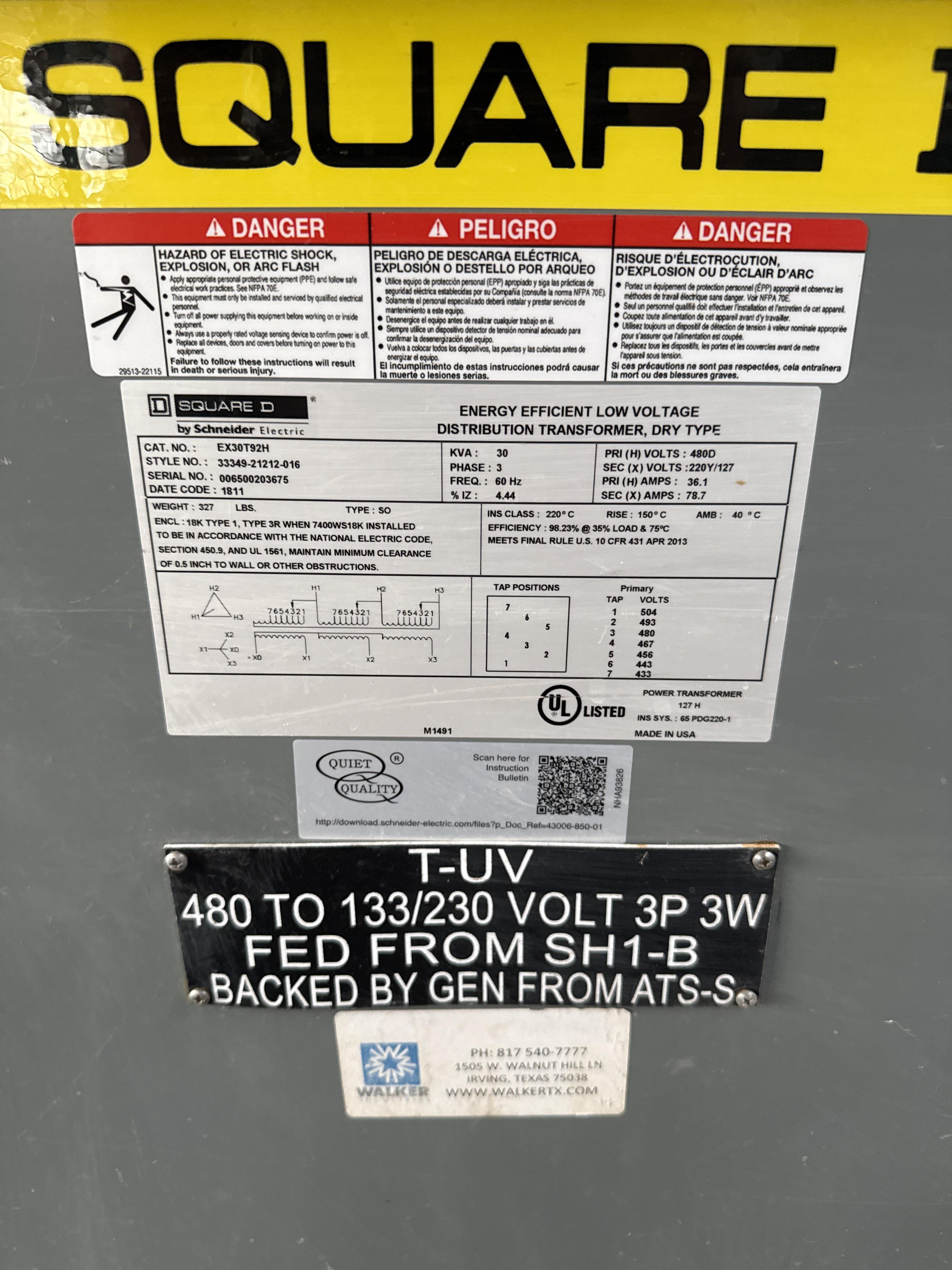 Square D 30 kVA Dry Type Transformer 480V to 230/127V 3 Phase EX30T92H, photo 2