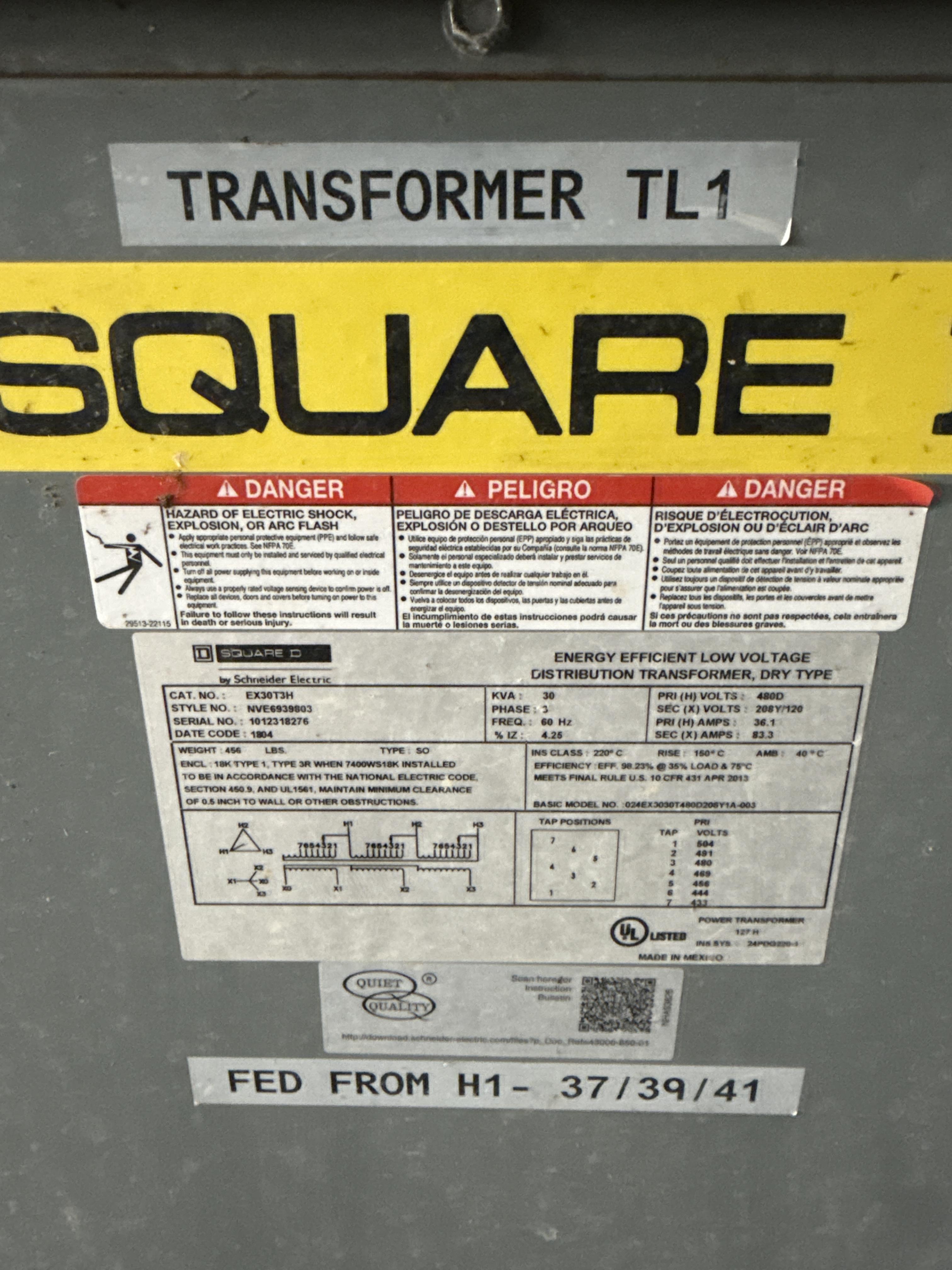 Square D 30 kVA Transformer 480V to 208/120V 3-Phase – Dry Type, photo 2