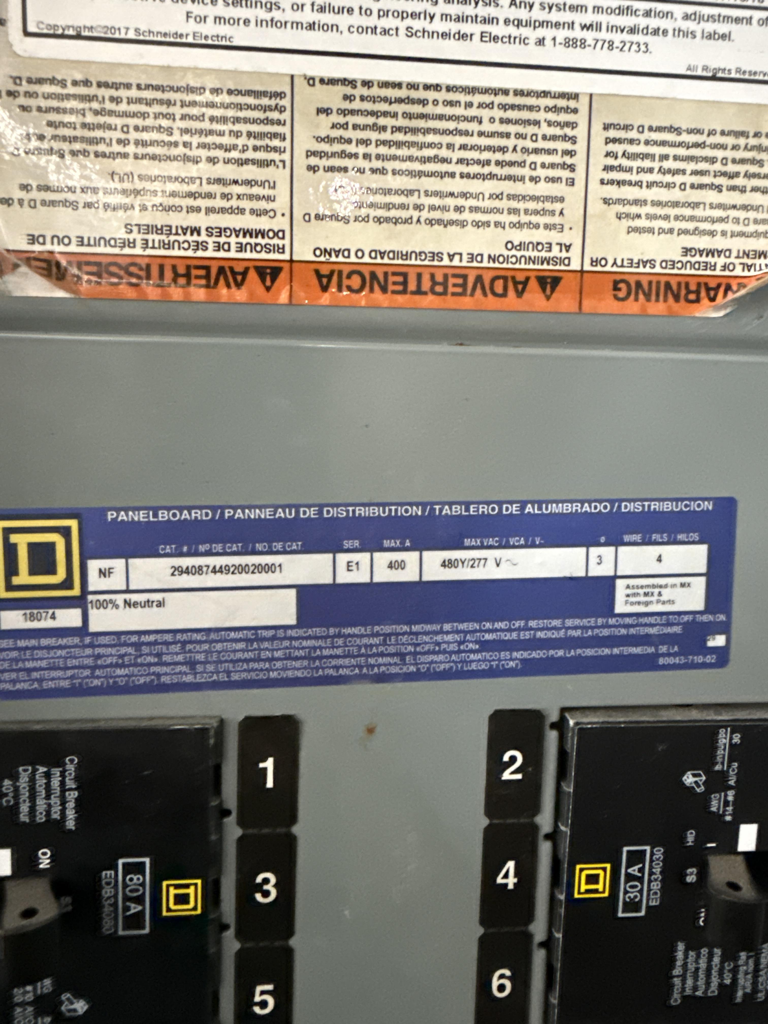 Square D 400A Panelboard 480Y/277V 3-Phase Distribution Panel – Loaded, photo 2