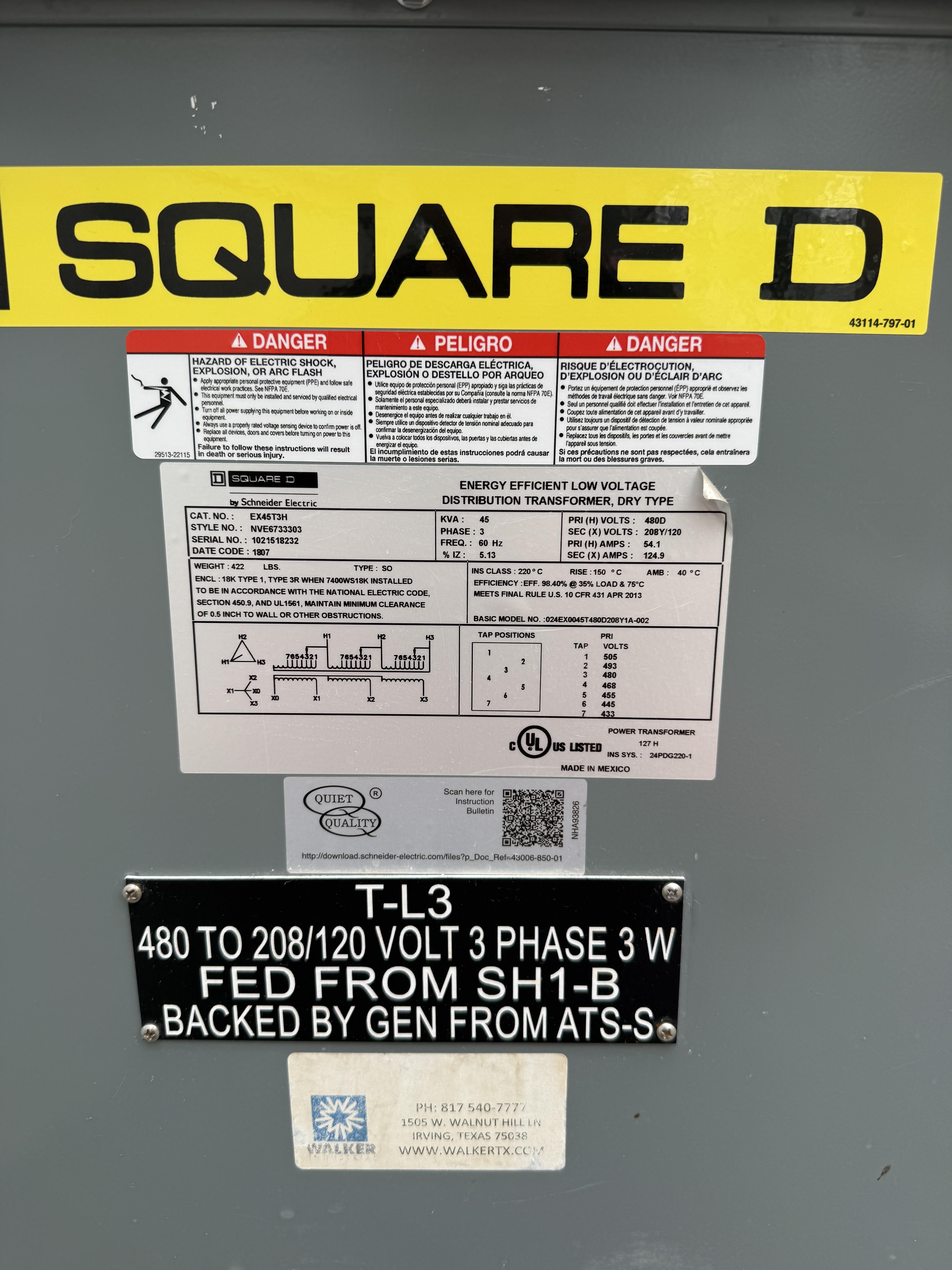 Square D 45 kVA Transformer 480V to 208/120V 3 Phase Dry Type, photo 2