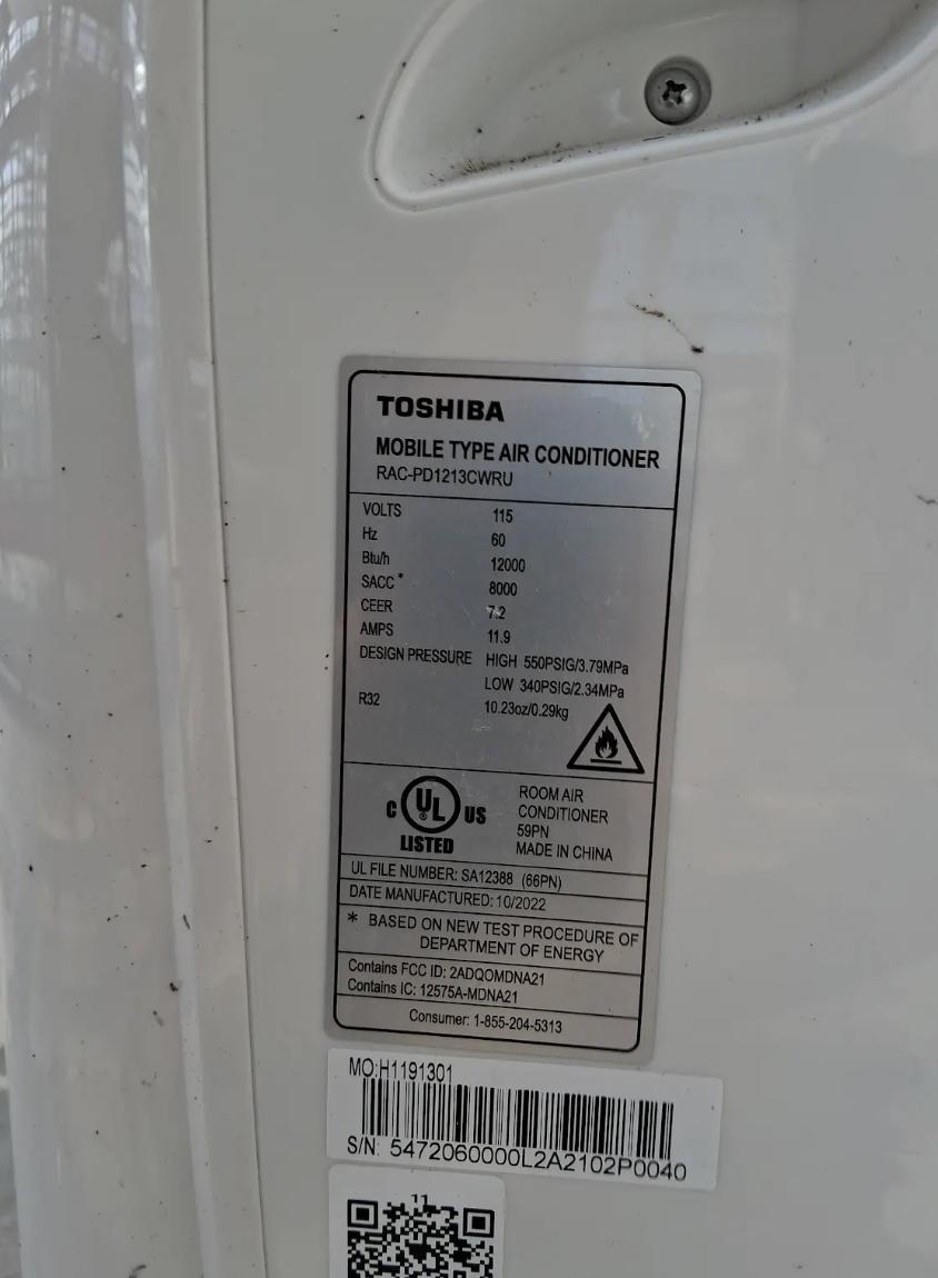 Toshiba Portable Air Conditioner RAC-PD1213CWRU, photo 2
